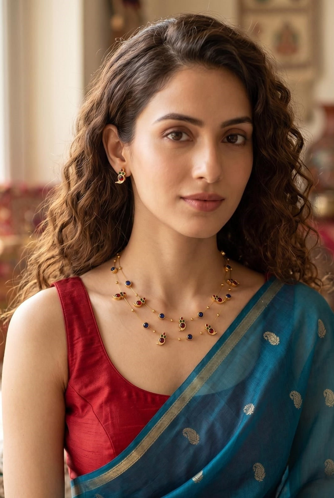 Dual Layered Red Kemp Maanga and Blue Stone Necklace - CiceroniNecklace SetAarika