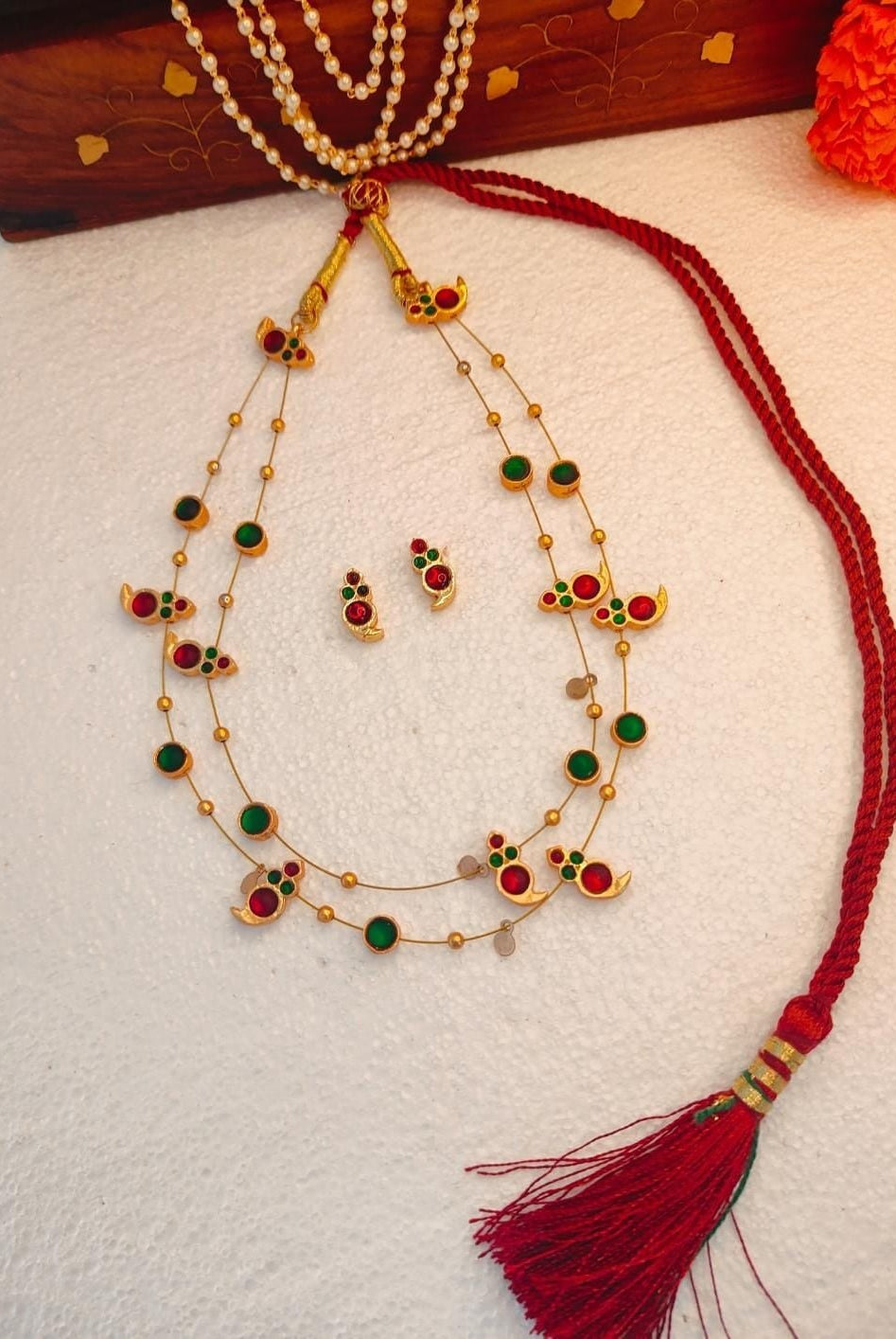 Dual Layered Red Kemp Maanga and Green Stone Necklace - CiceroniNecklace SetAarika