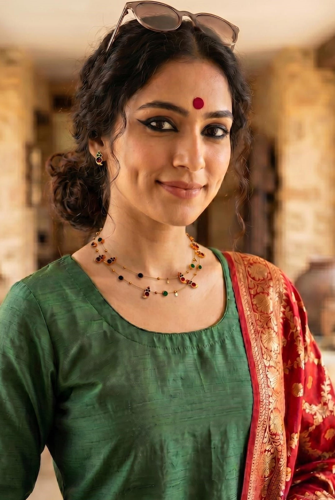Dual Layered Red Kemp Maanga and Green Stone Necklace - CiceroniNecklace SetAarika