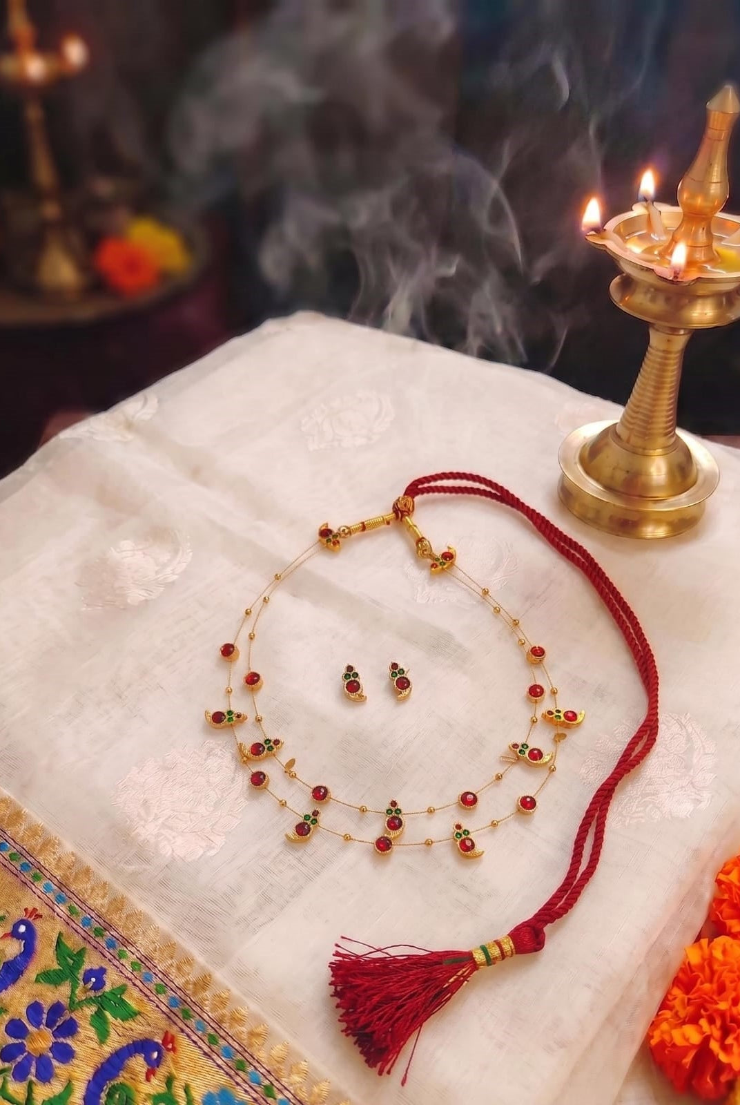 Dual Layered Red Kemp Maanga Necklace - CiceroniNecklace SetAarika