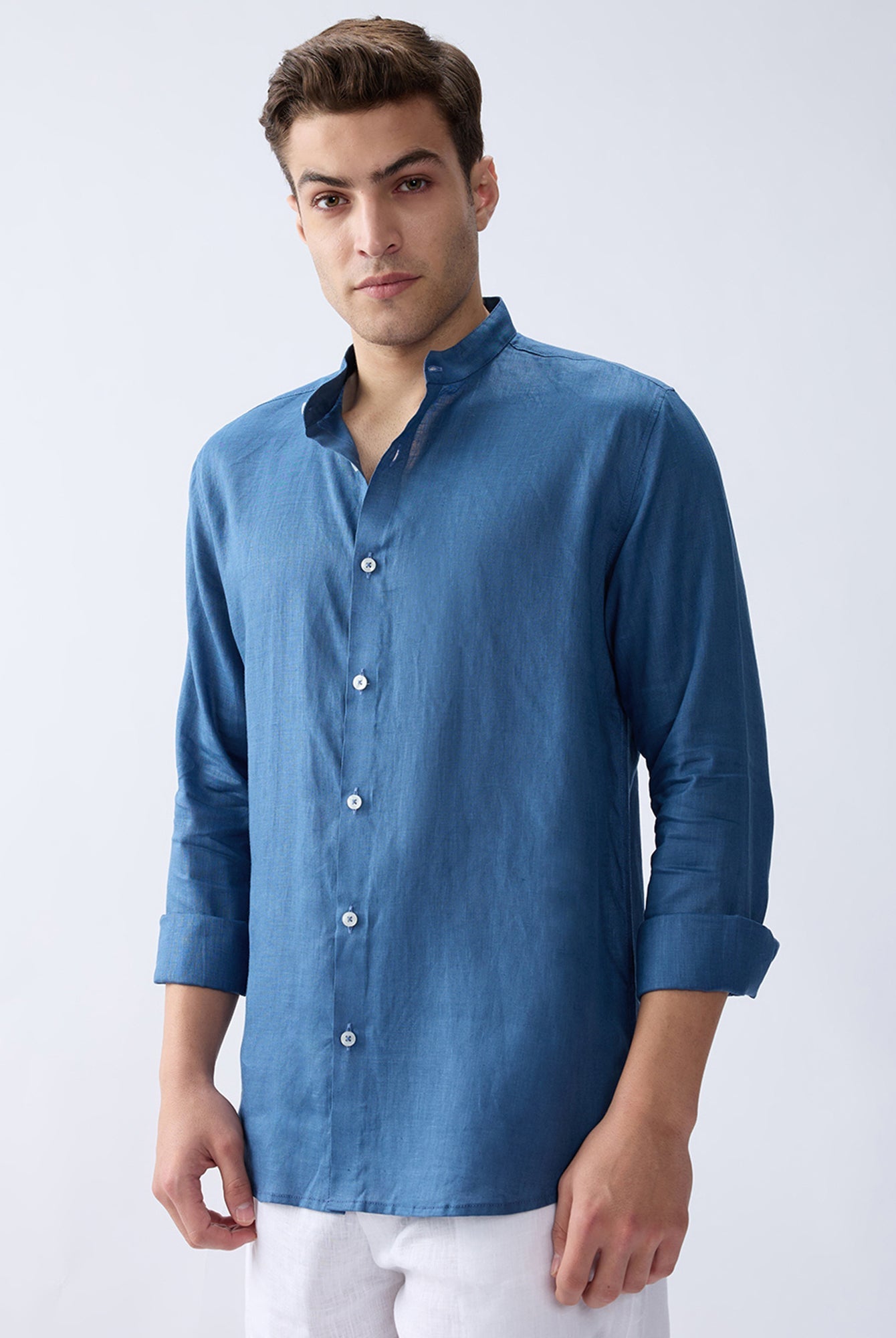 Dusty Blue Mandarin 100% Pure Linen Shirt - CiceroniMen Shirtsbhrāta