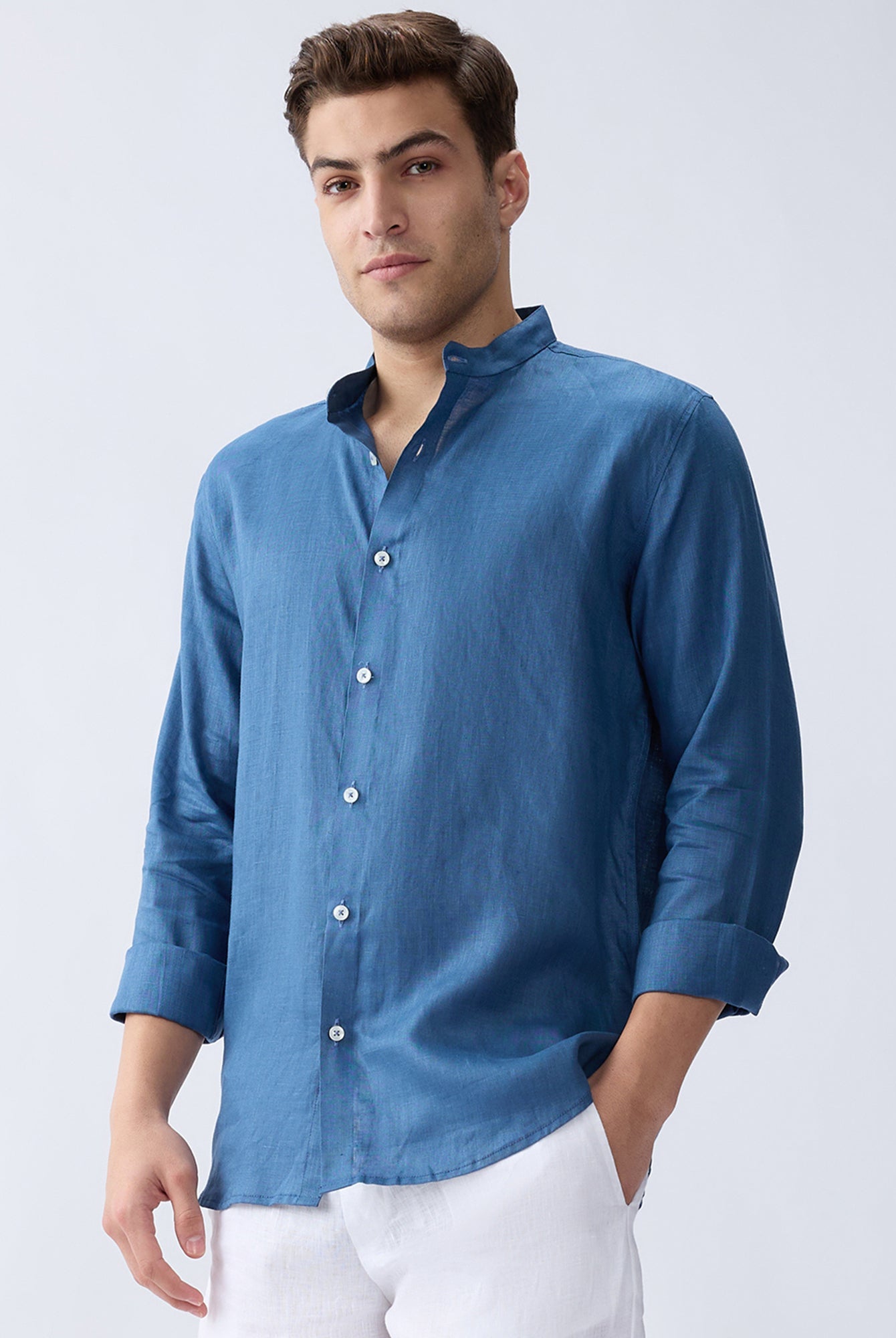 Dusty Blue Mandarin 100% Pure Linen Shirt - CiceroniMen Shirtsbhrāta
