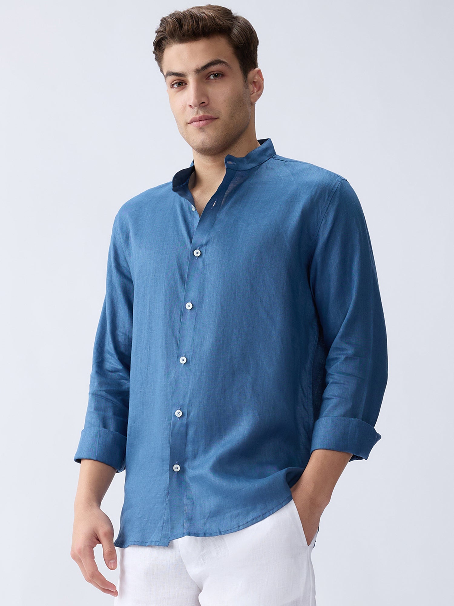 Dusty Blue Mandarin 100% Pure Linen Shirt - CiceroniMen Shirtsbhrāta