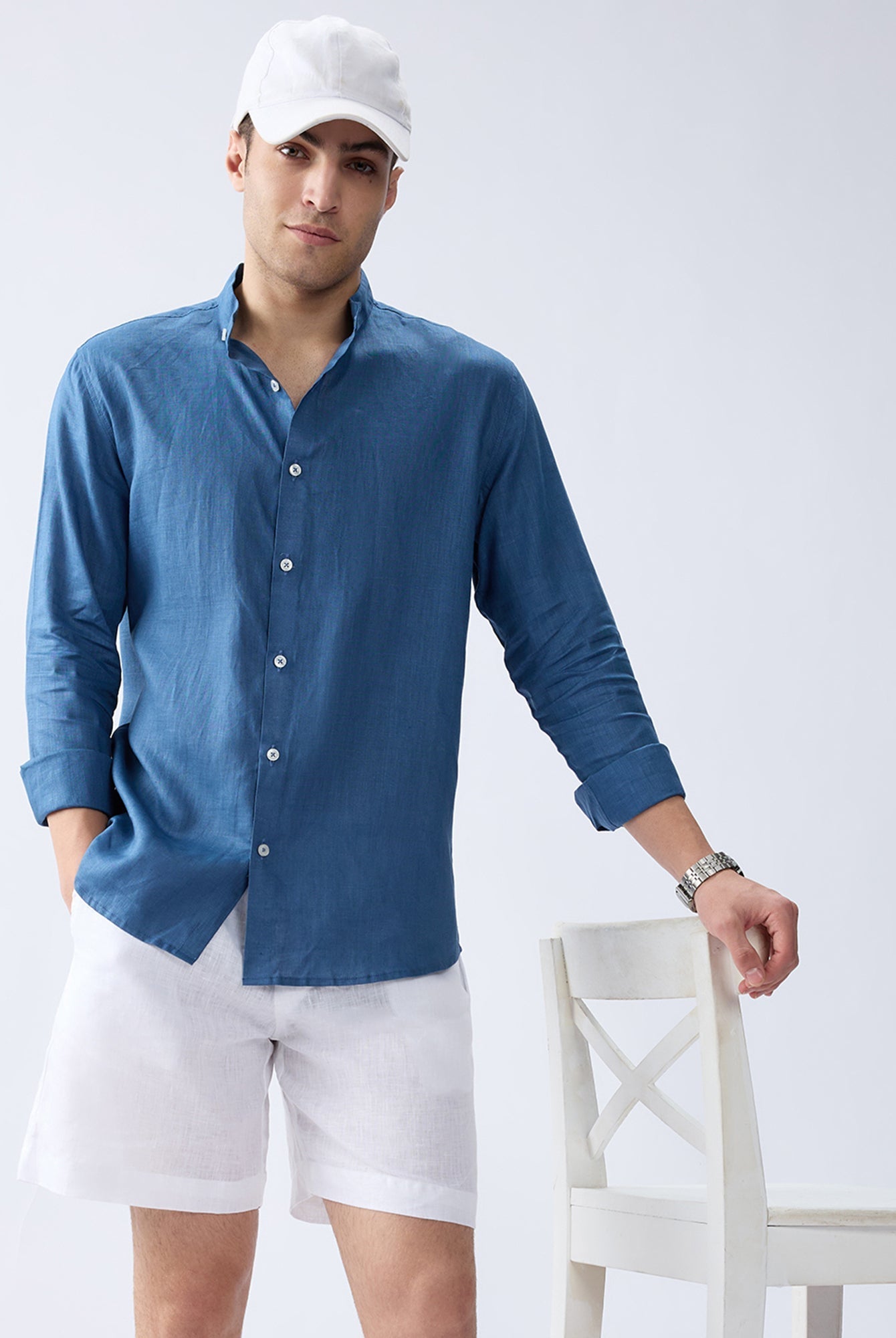 Dusty Blue Mandarin 100% Pure Linen Shirt - CiceroniMen Shirtsbhrāta