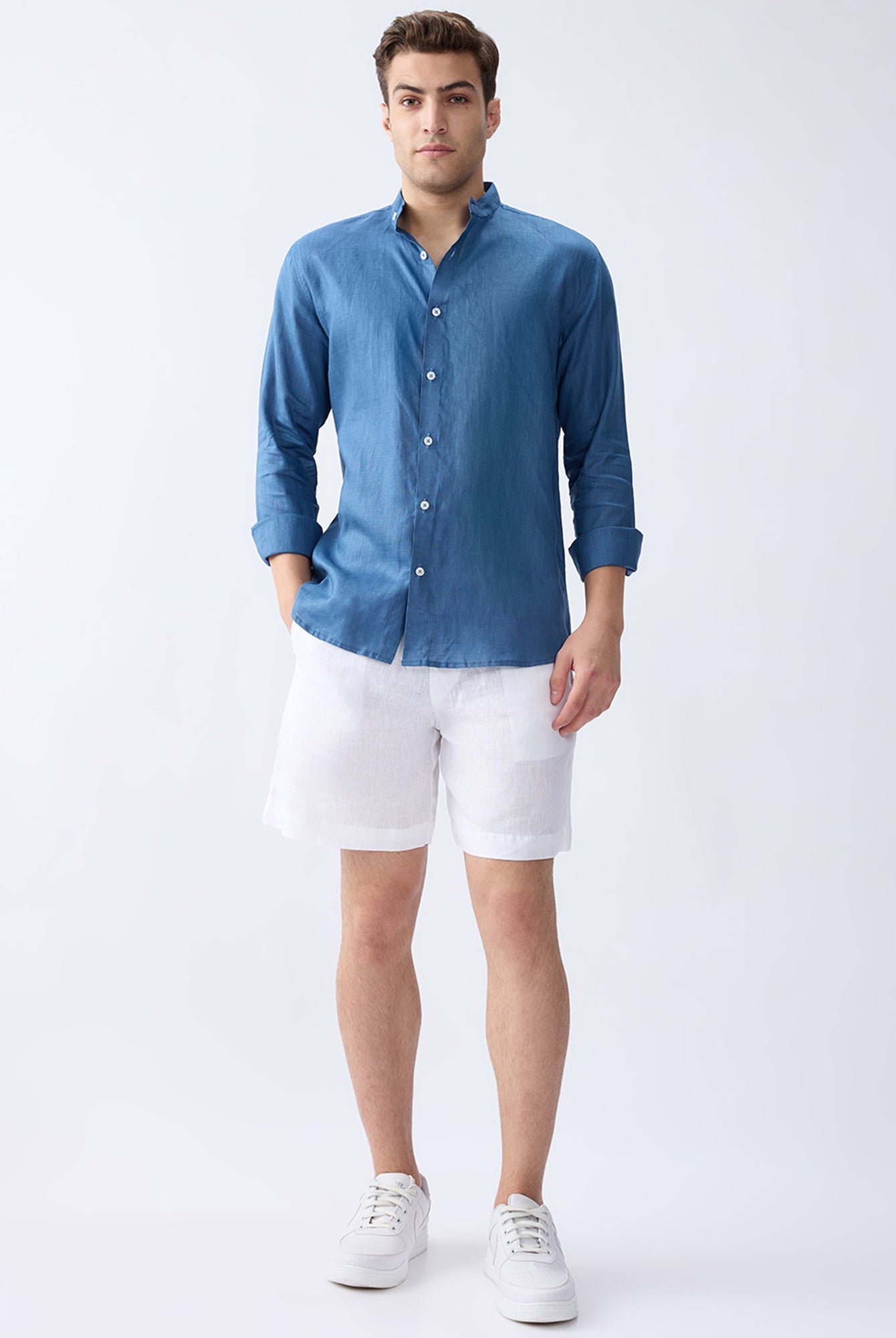 Dusty Blue Mandarin 100% Pure Linen Shirt - CiceroniMen Shirtsbhrāta