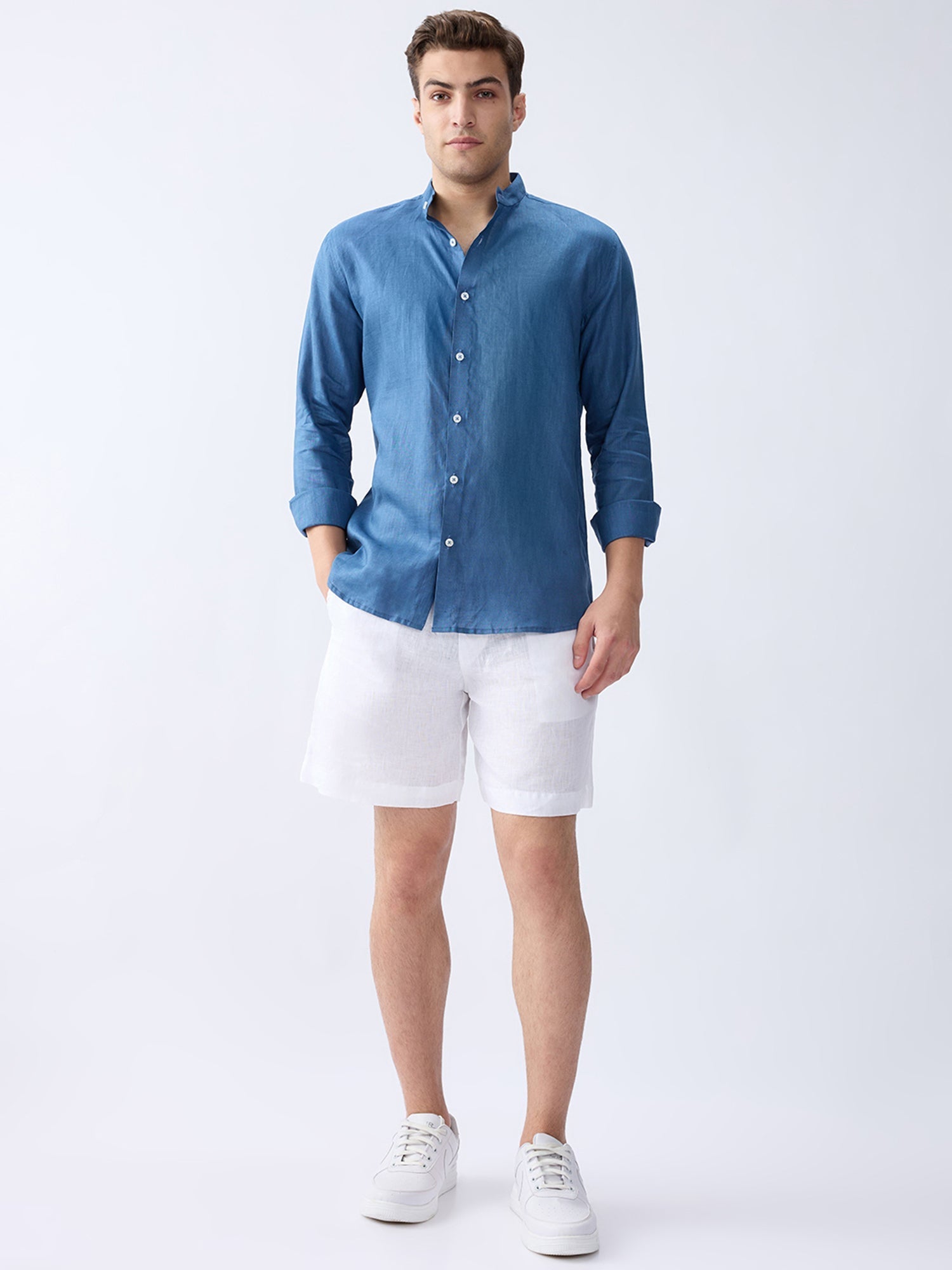 Dusty Blue Mandarin 100% Pure Linen Shirt - CiceroniMen Shirtsbhrāta