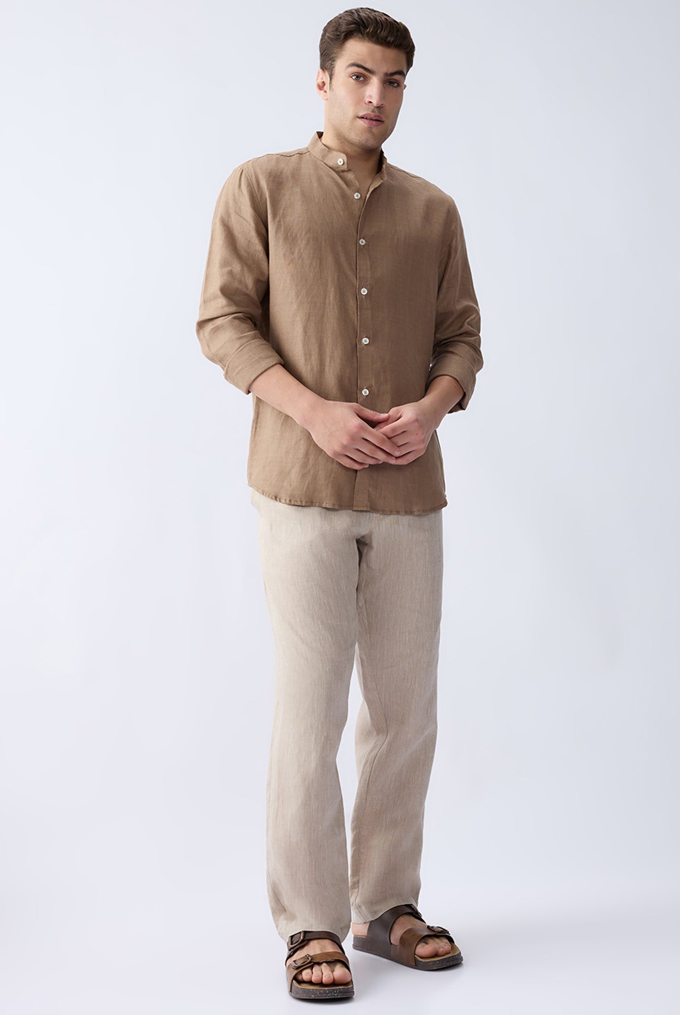 Earth Brown Mandarin 100% Pure Linen Shirt - CiceroniMen Shirtsbhrāta