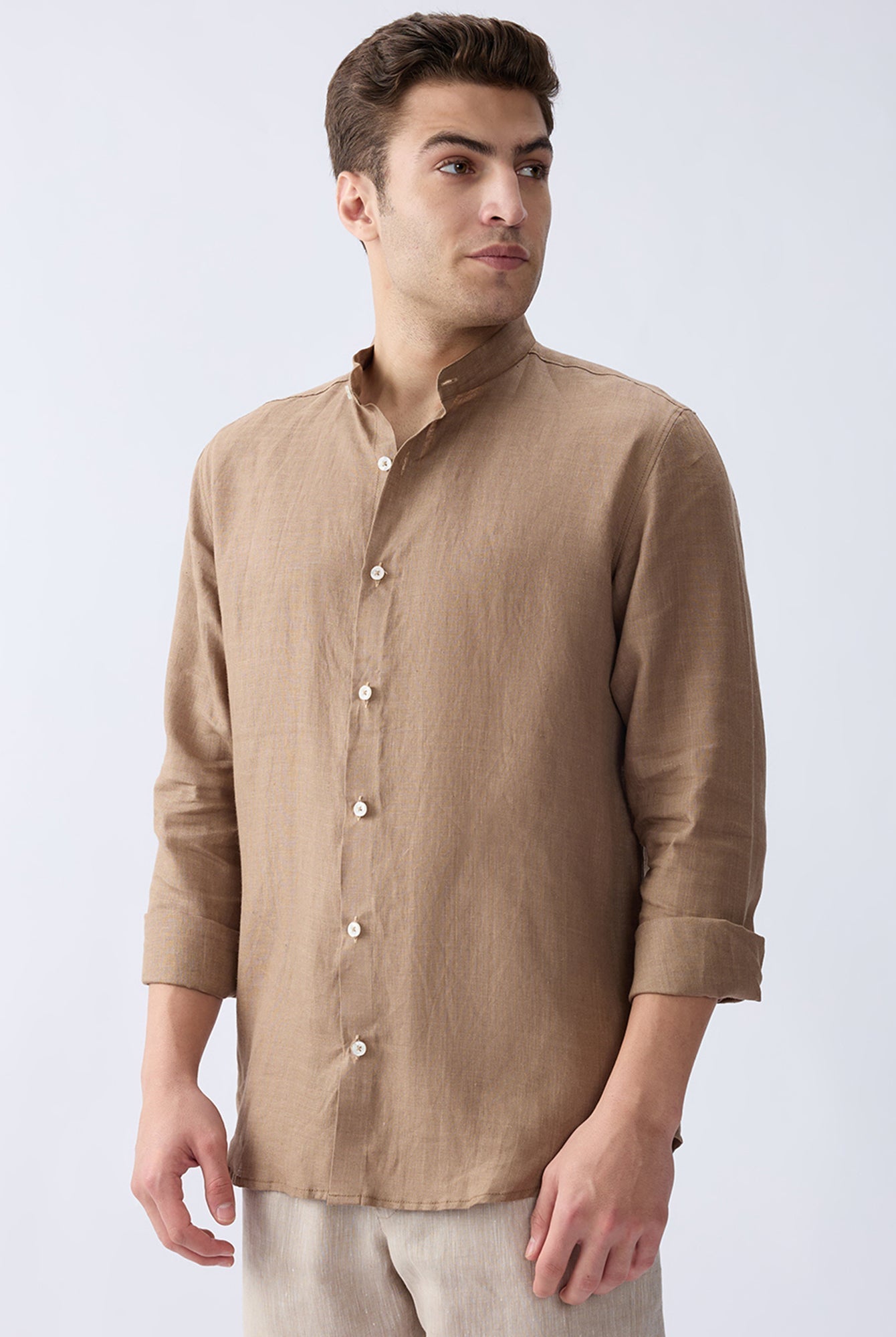 Earth Brown Mandarin 100% Pure Linen Shirt - CiceroniMen Shirtsbhrāta