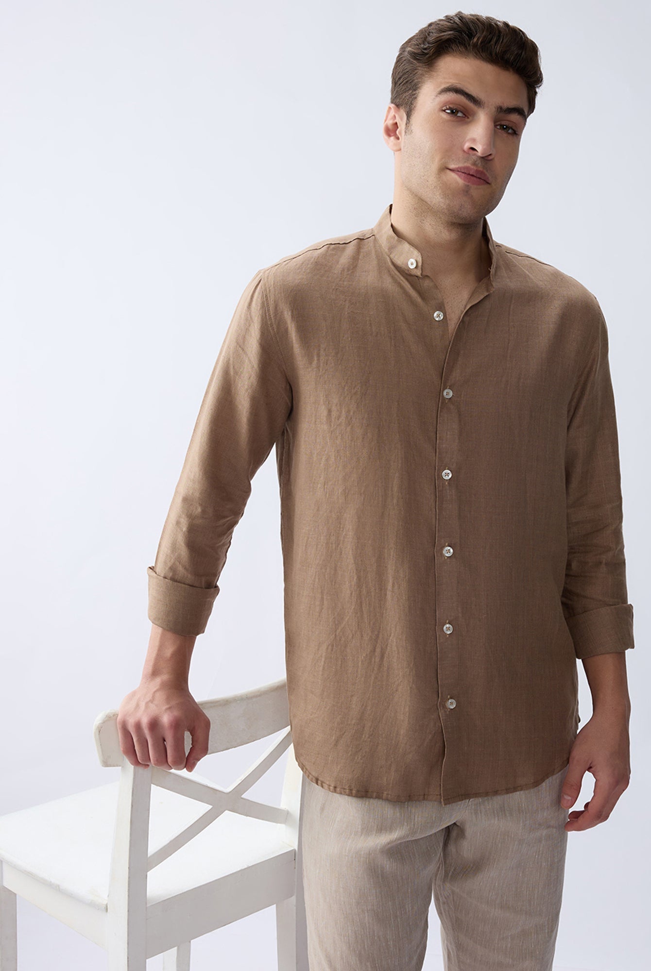 Earth Brown Mandarin 100% Pure Linen Shirt - CiceroniMen Shirtsbhrāta