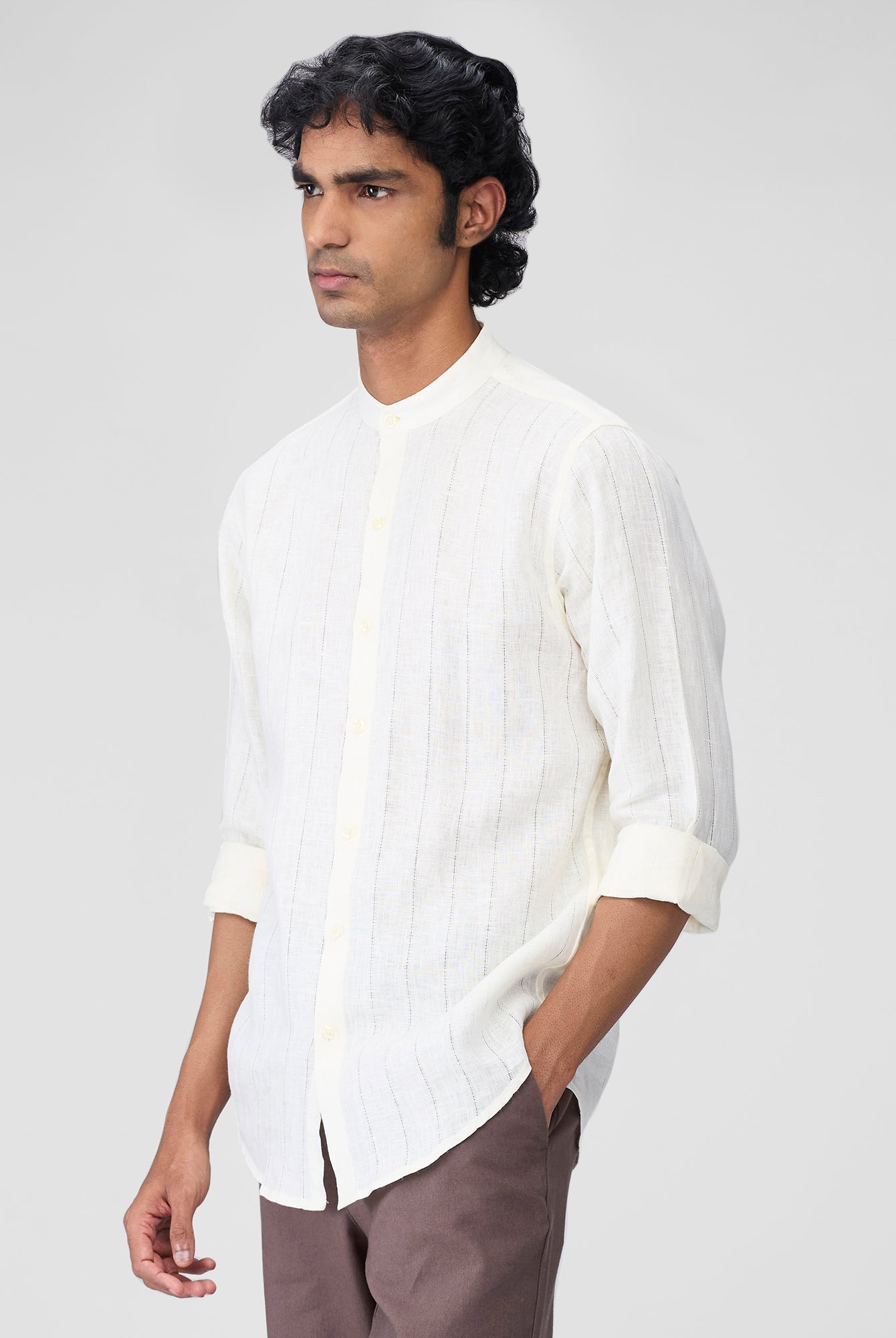 Ecru 100% Linen Stripes Shirt - CiceroniMen Shirtsbhrāta