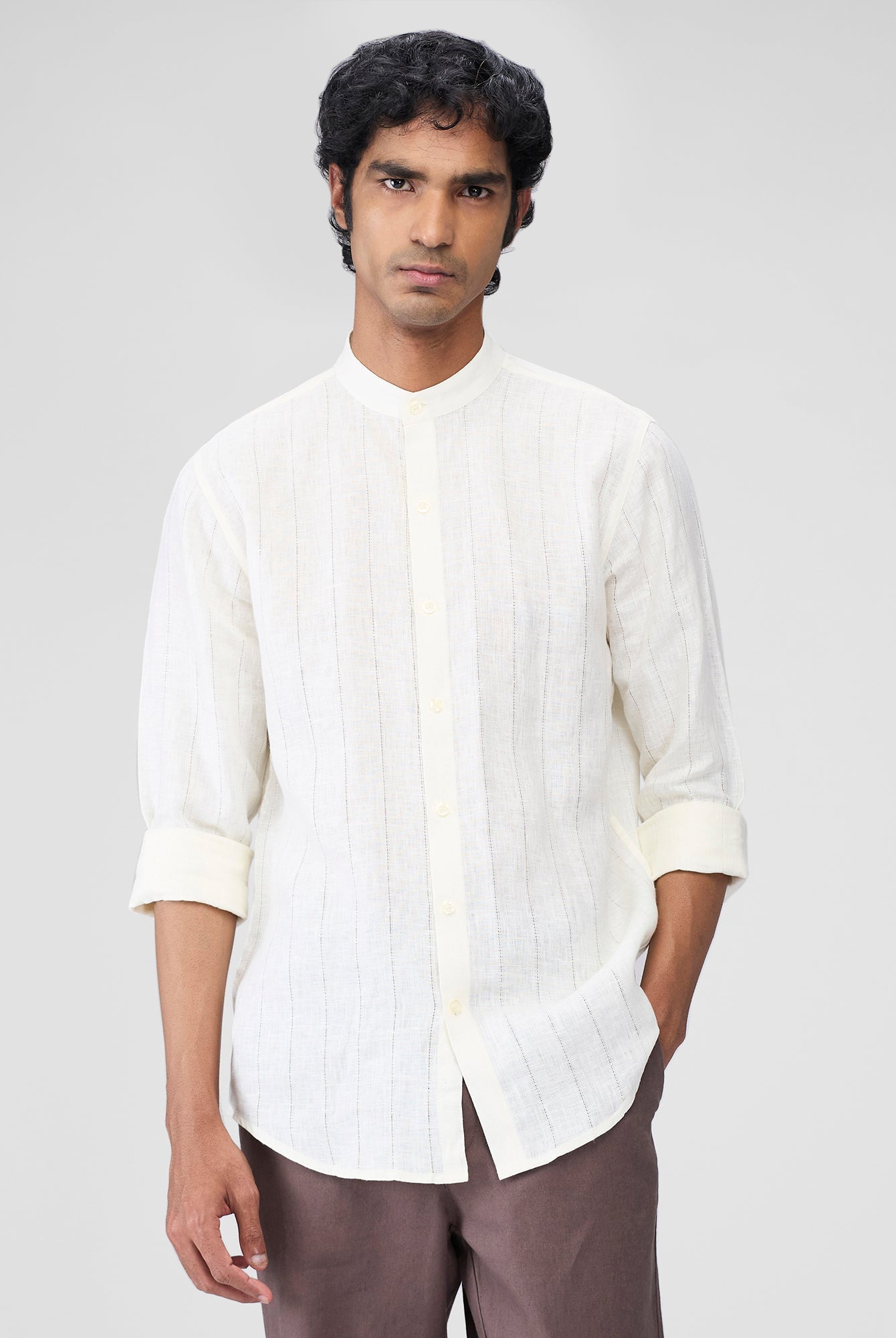 Ecru 100% Linen Stripes Shirt - CiceroniMen Shirtsbhrāta