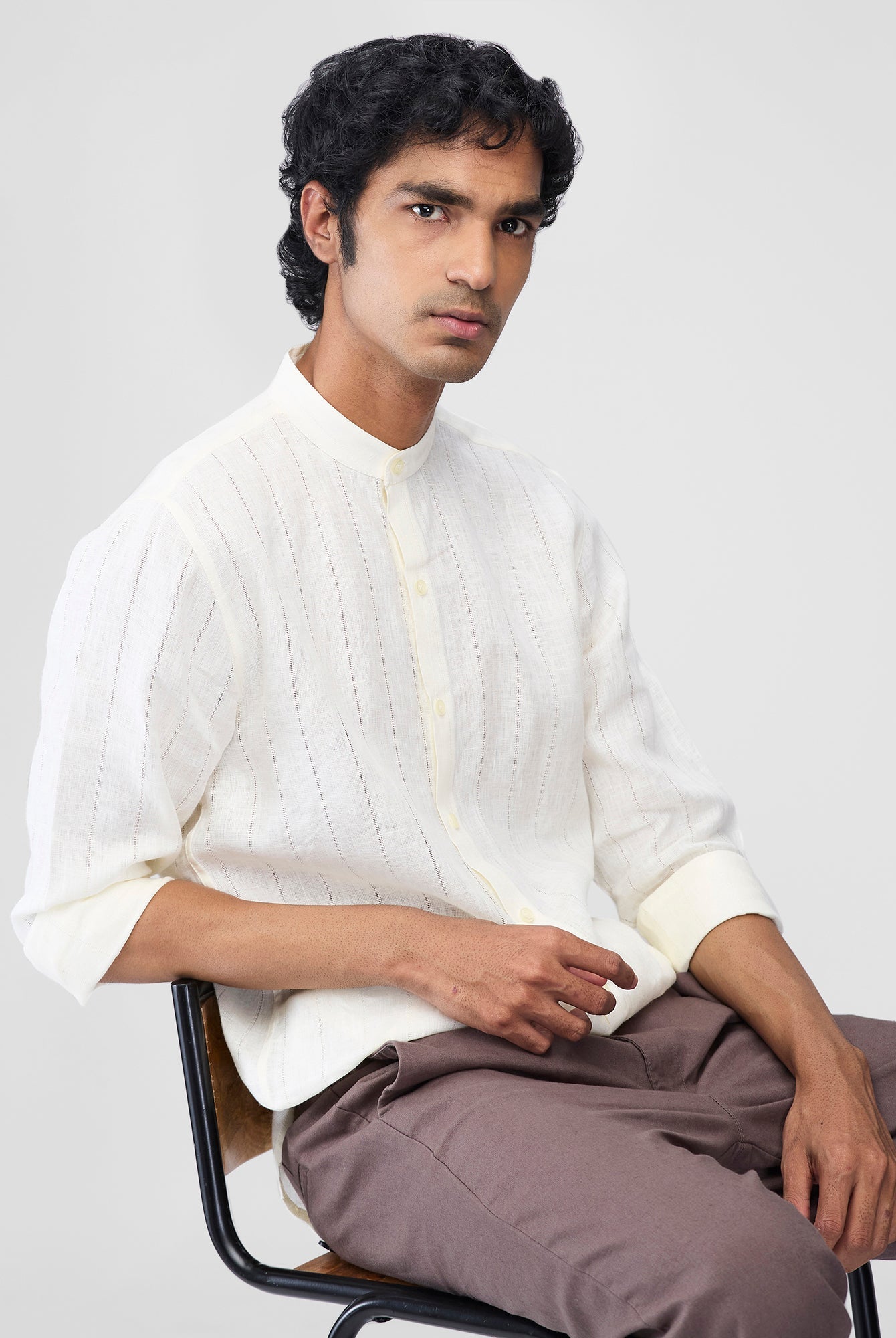 Ecru 100% Linen Stripes Shirt - CiceroniMen Shirtsbhrāta