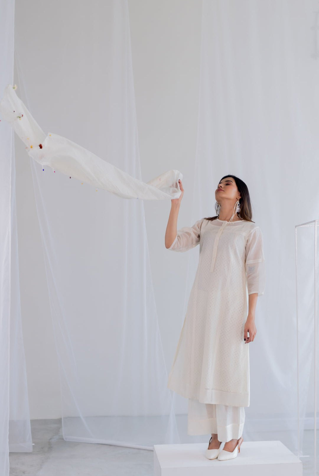 Ecru Chanderi Polka Kurta and Pants Set - CiceroniKurta Set, Everyday WearSilai Studio