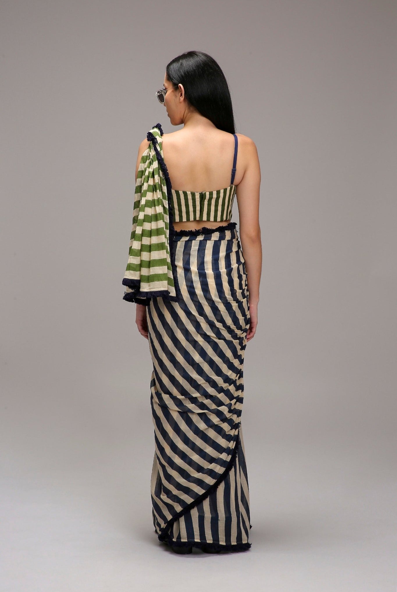 Egg-Shell Blue Green Dual Striped Saree - CiceroniSareeMATI