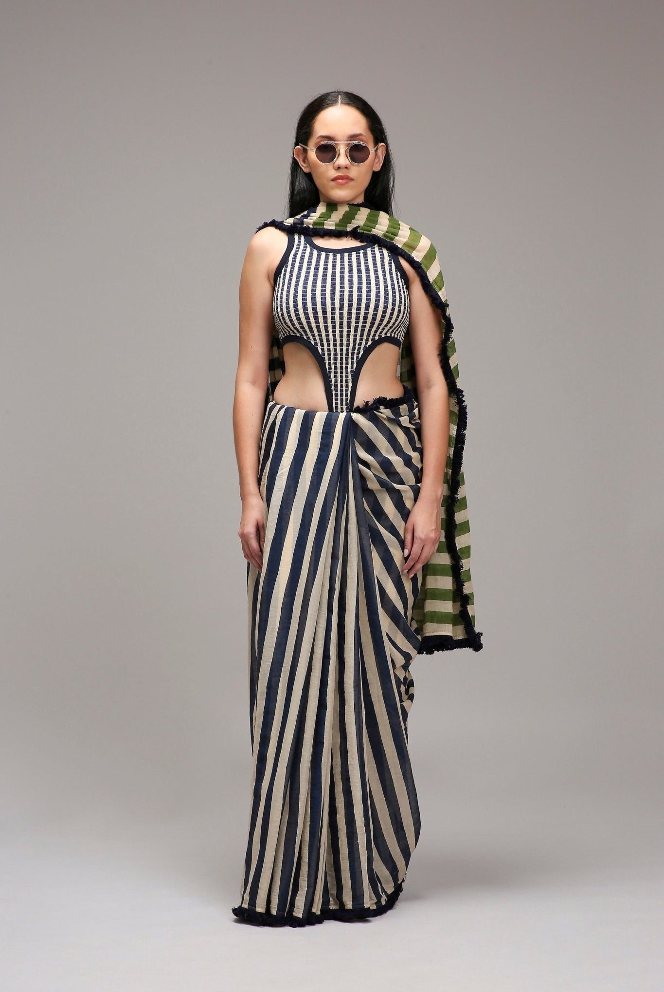 Egg-Shell Blue Green Dual Striped Saree - CiceroniSareeMATI