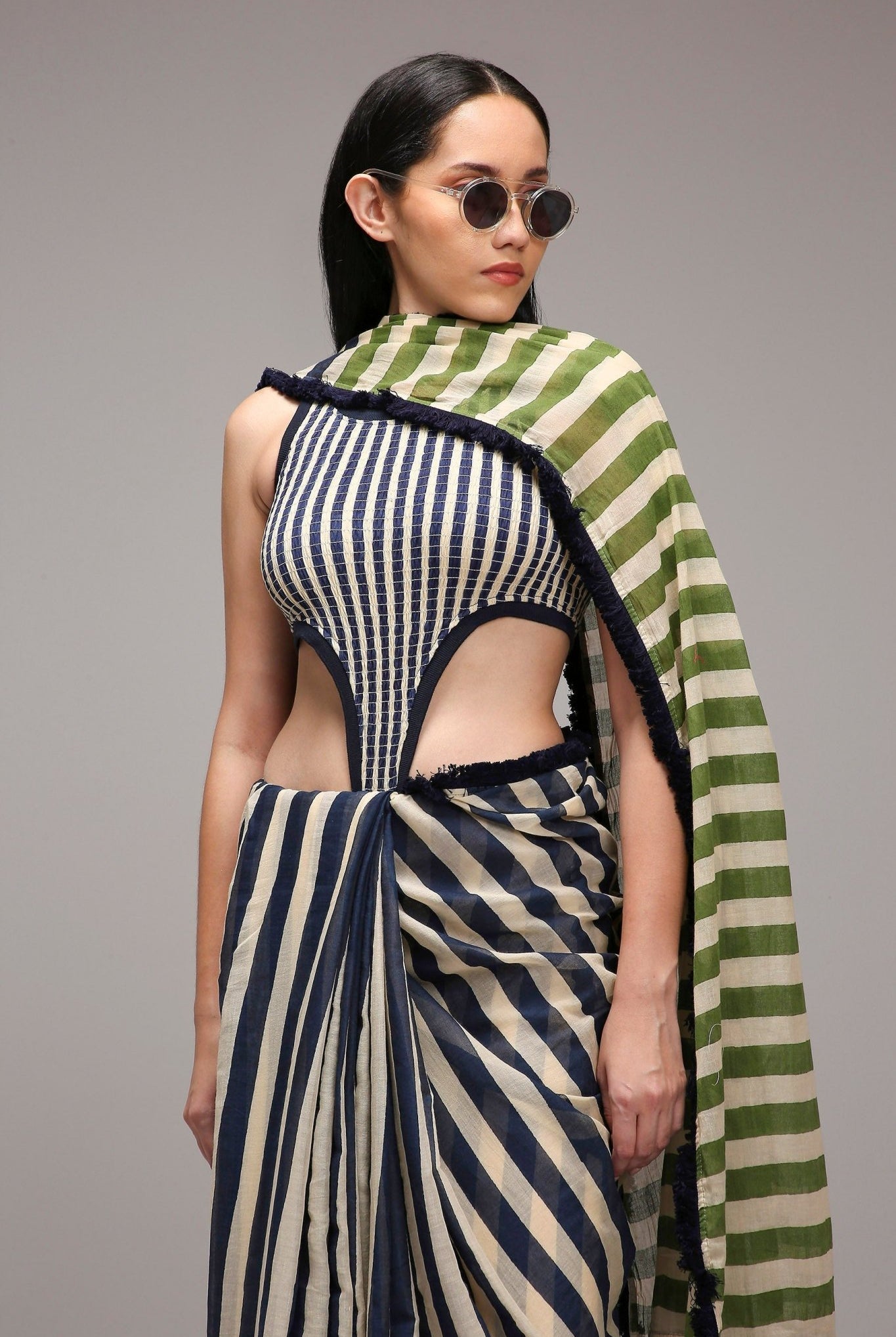 Egg-Shell Blue Green Dual Striped Saree - CiceroniSareeMATI