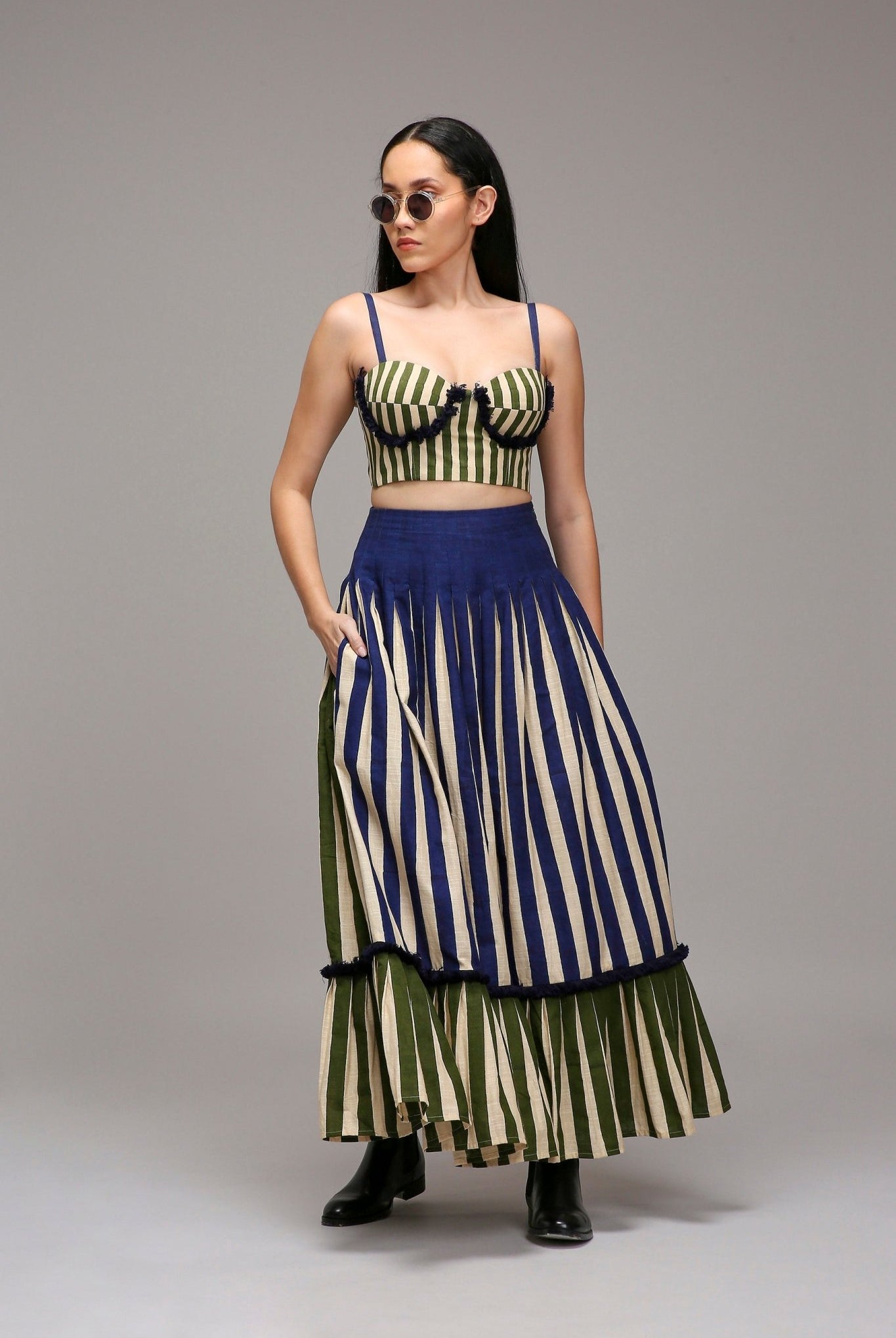 Egg-Shell Blue Green Dual Striped Skirt - CiceroniSkirtsMATI