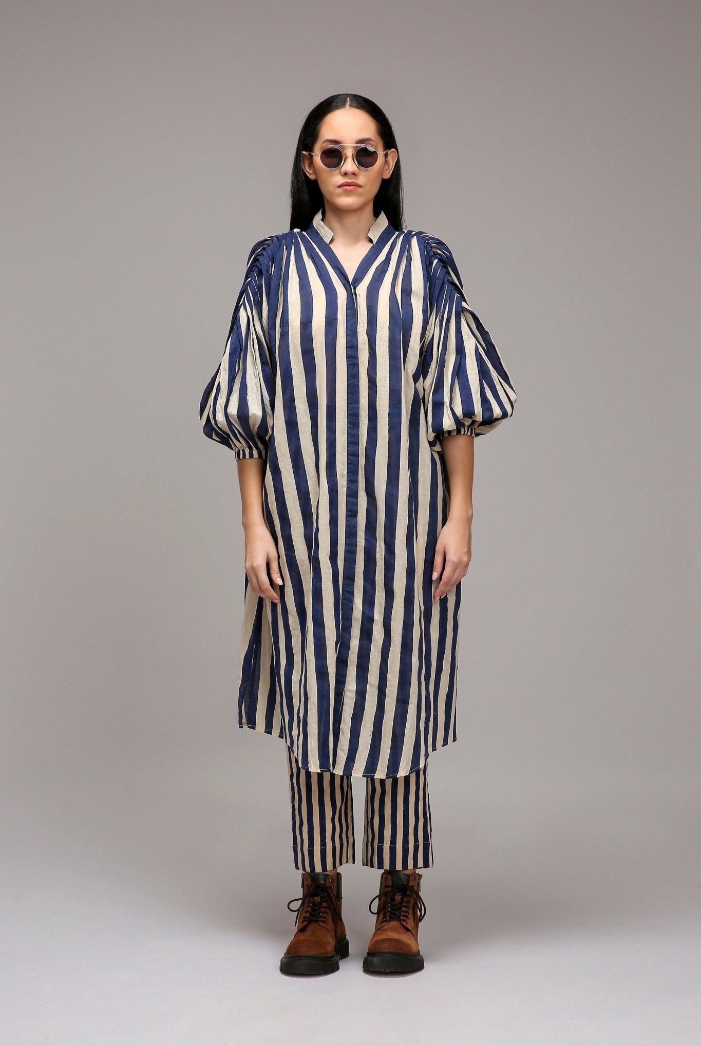 Egg-Shell Blue Striped Baha Tunic Set (2 PCS) - CiceroniKurta Set, Everyday WearMATI