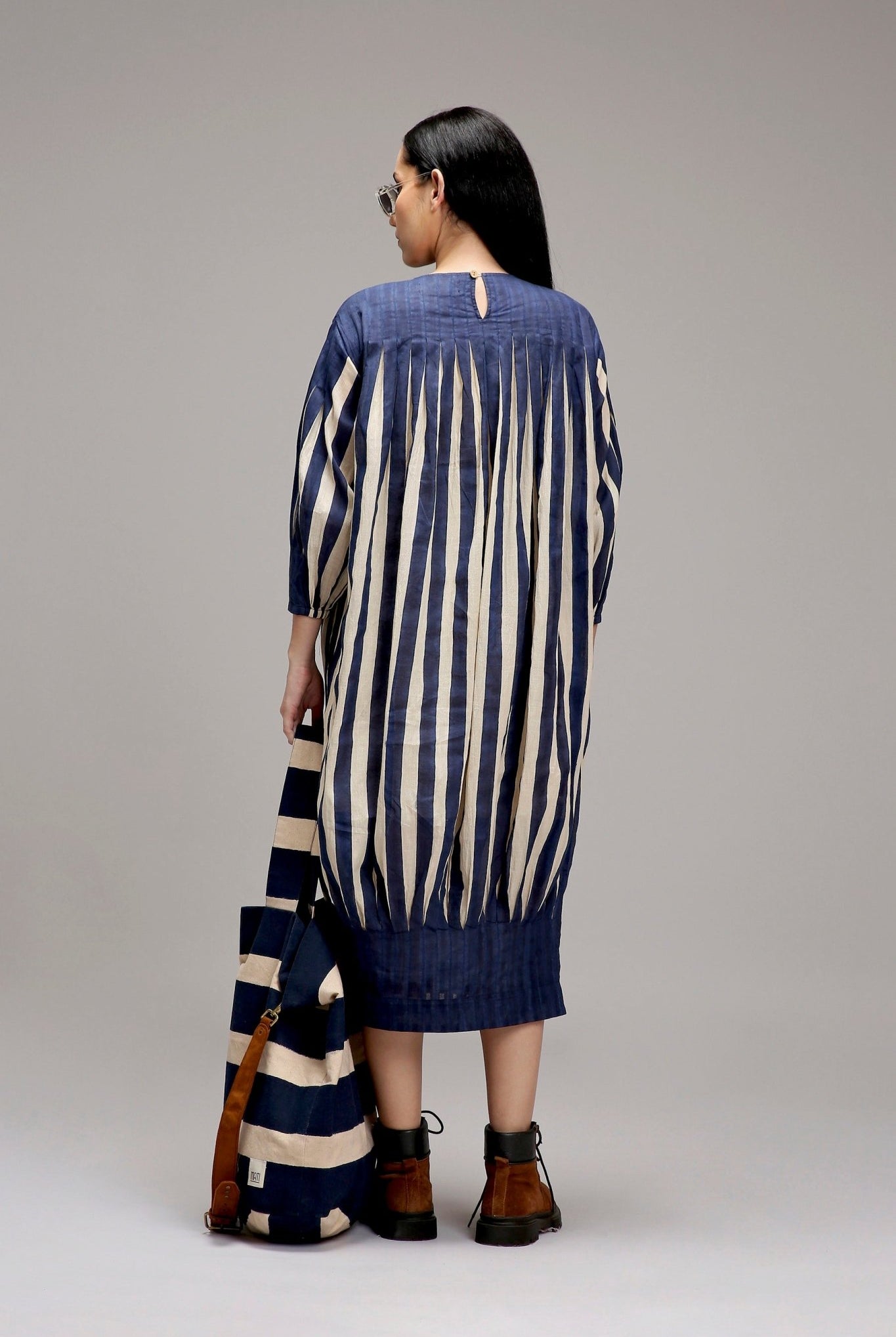 Egg-Shell Blue Striped Balloon Dress - CiceroniDressesMATI