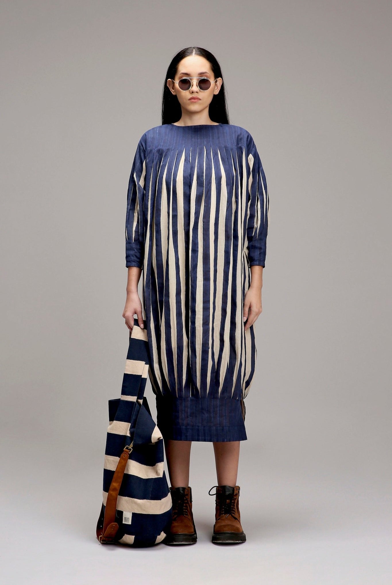 Egg-Shell Blue Striped Balloon Dress - CiceroniDressesMATI