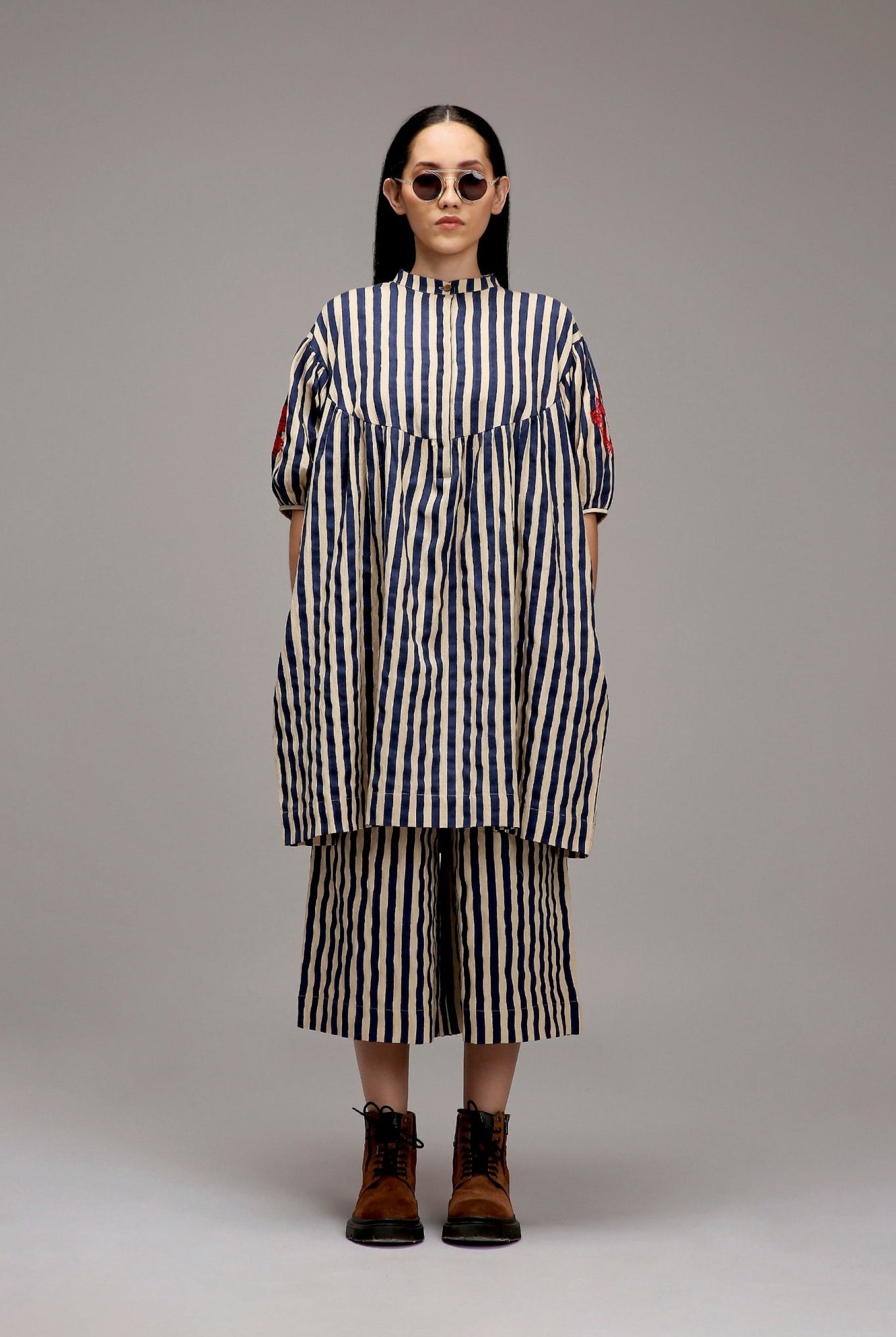 Egg-Shell Blue Striped Short Acra Tunic Set (2 PCS) - CiceroniKurta Set, Everyday WearMATI