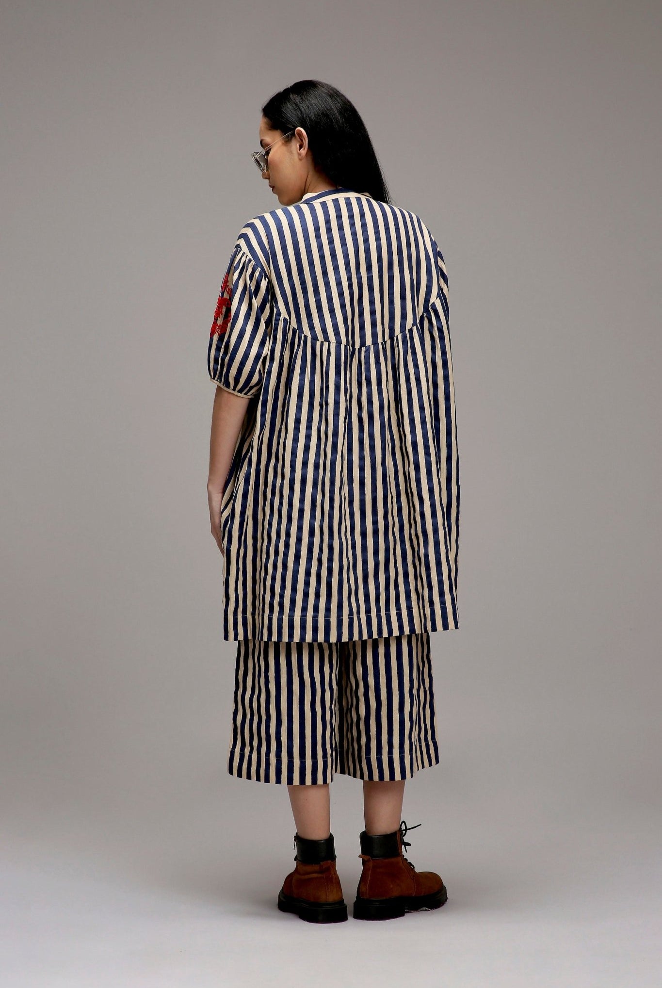 Egg-Shell Blue Striped Short Acra Tunic Set (2 PCS) - CiceroniKurta Set, Everyday WearMATI