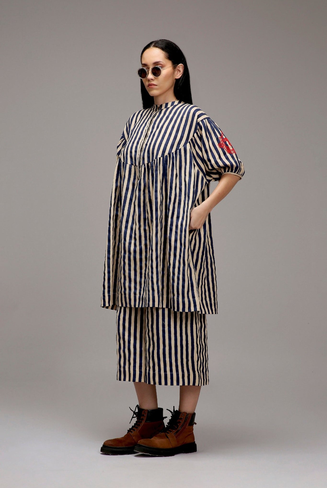 Egg-Shell Blue Striped Short Acra Tunic Set (2 PCS) - CiceroniKurta Set, Everyday WearMATI