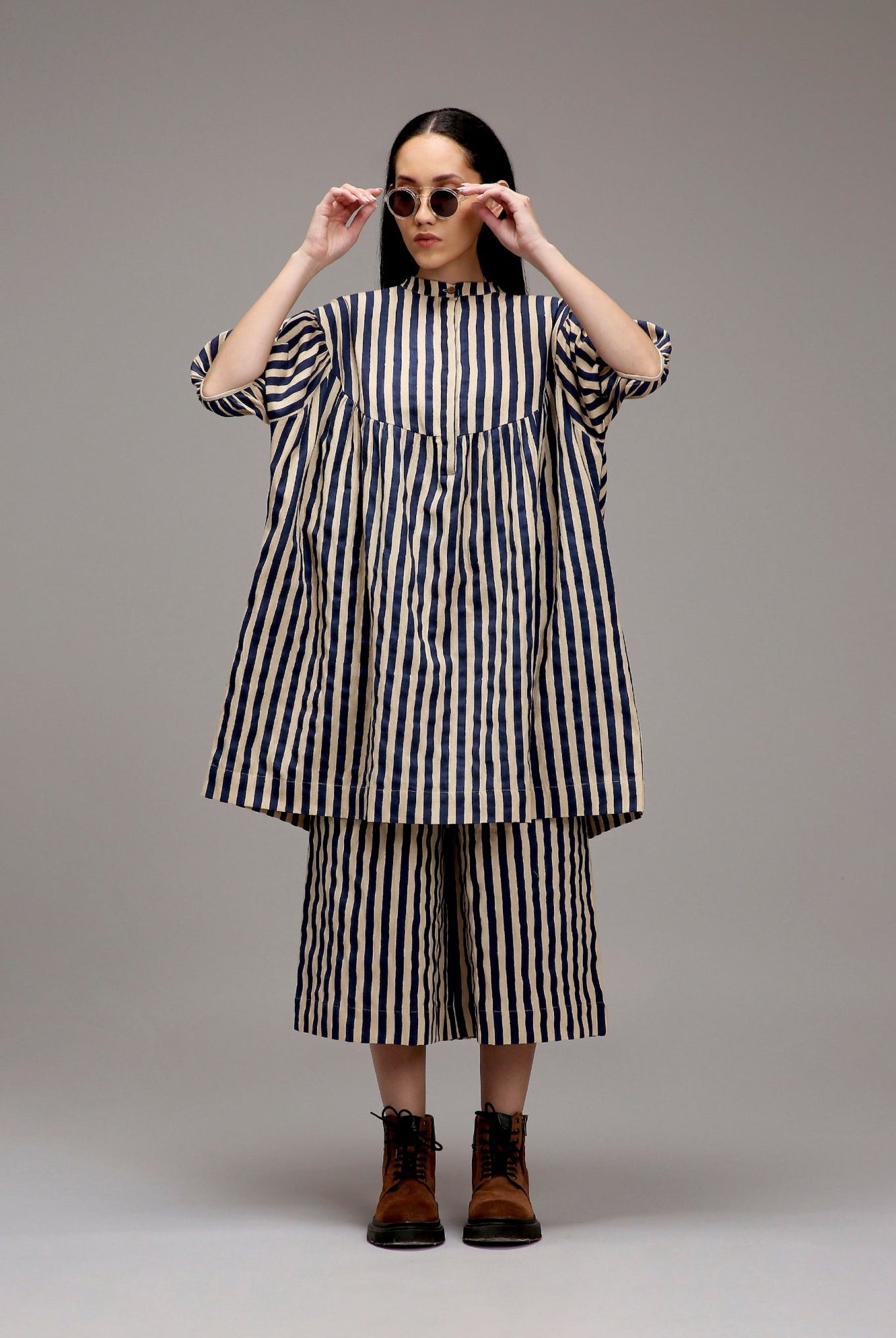 Egg-Shell Blue Striped Short Acra Tunic Set (2 PCS) - CiceroniKurta Set, Everyday WearMATI