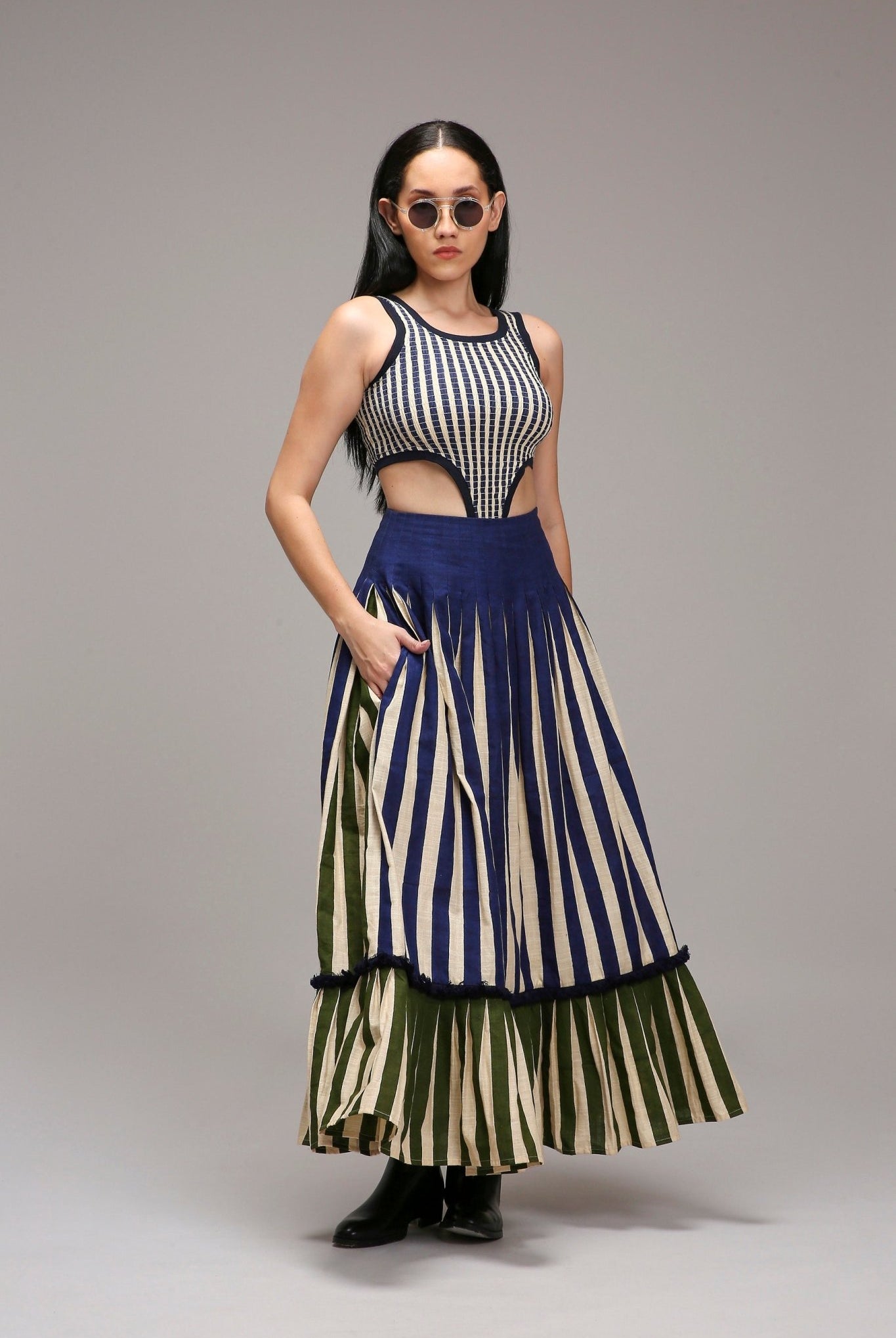 Egg-Shell Bodysuit Dual Striped Skirt Set (2 PCS) - CiceroniSkirt SetMATI