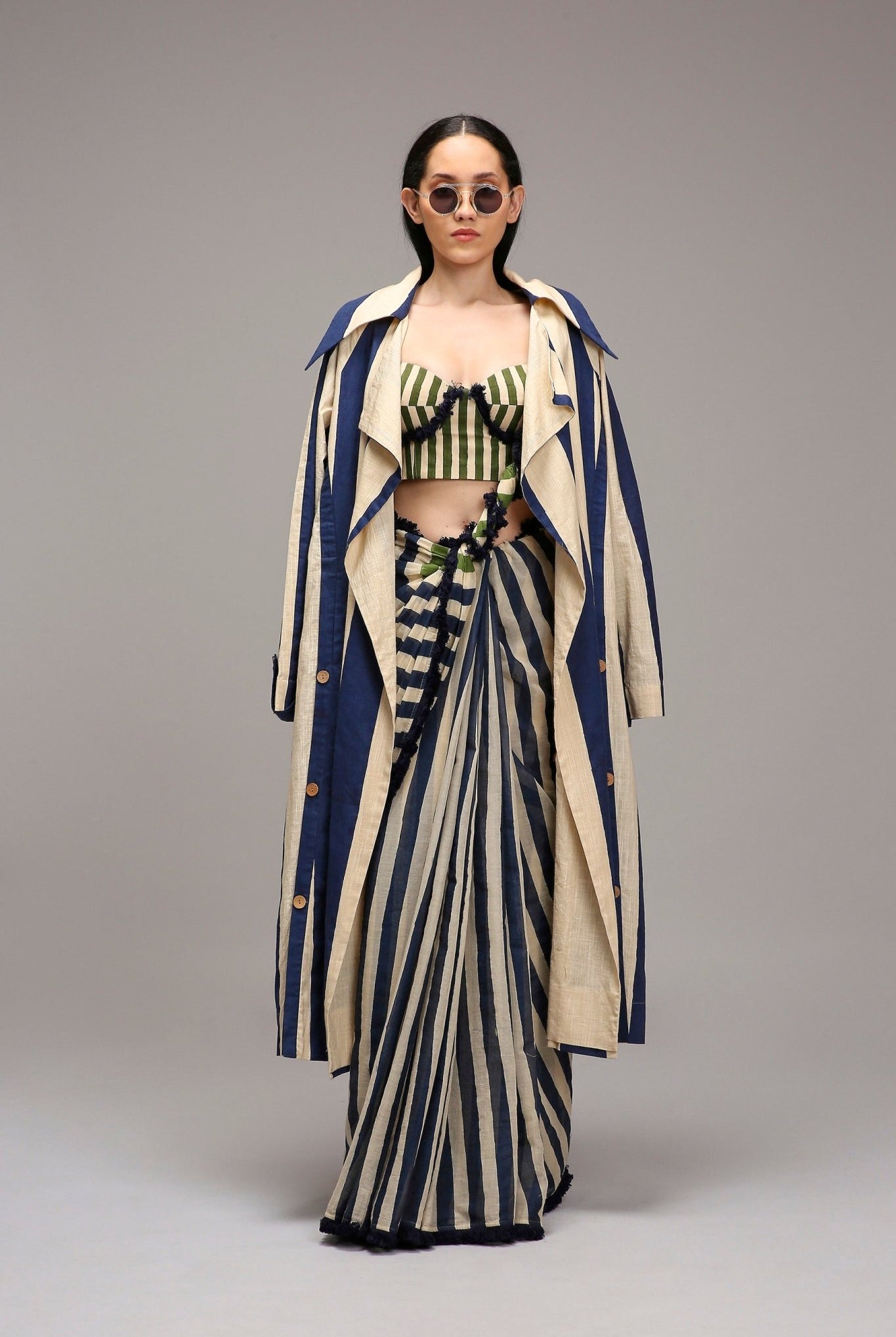 Egg-Shell Corset with Trench & Dual Striped Saree Set (3 PCS) - CiceroniSaree SetMATI