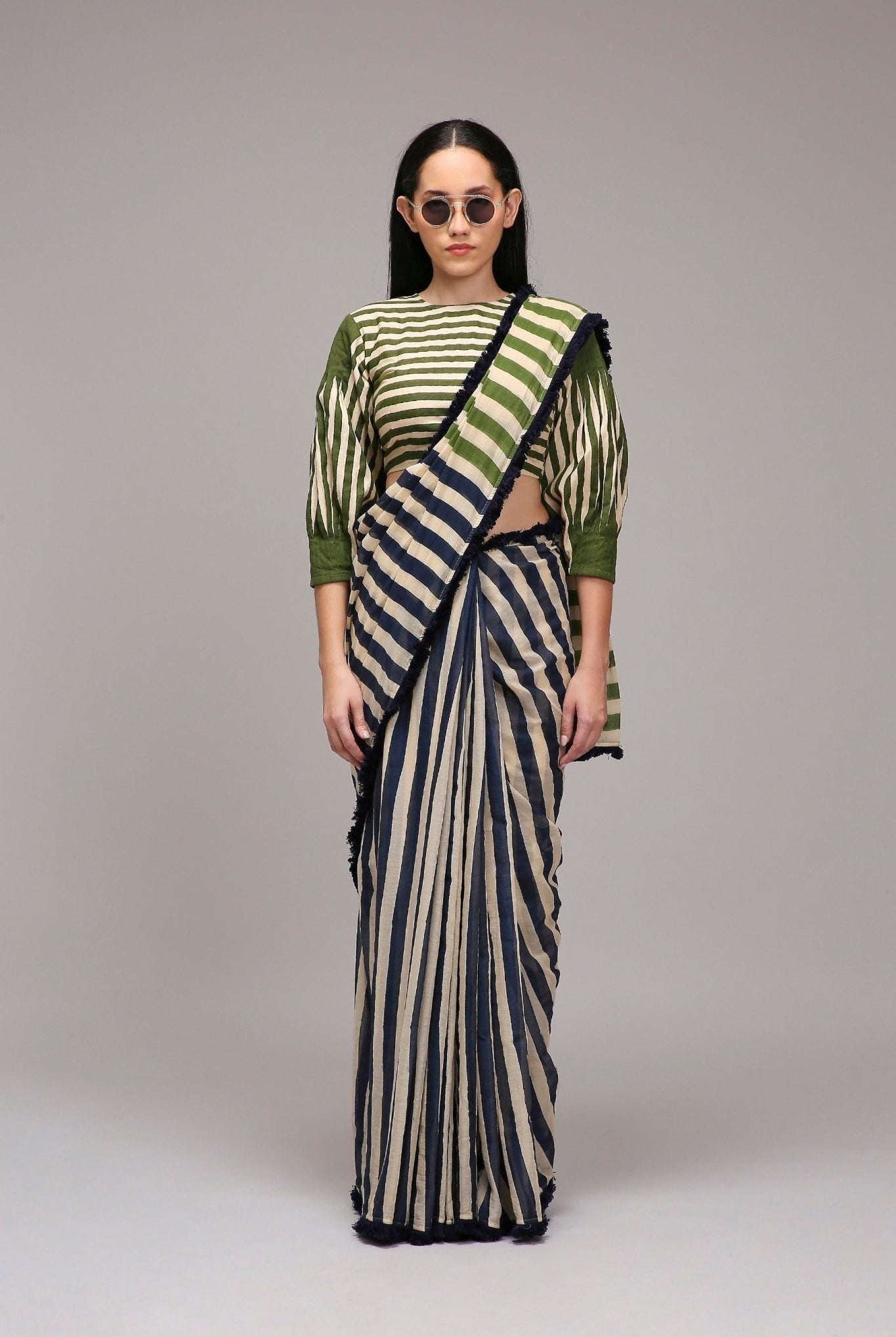 Egg-Shell Crop Top & Dual Striped Saree Set (2 PCS) - CiceroniSaree SetMATI