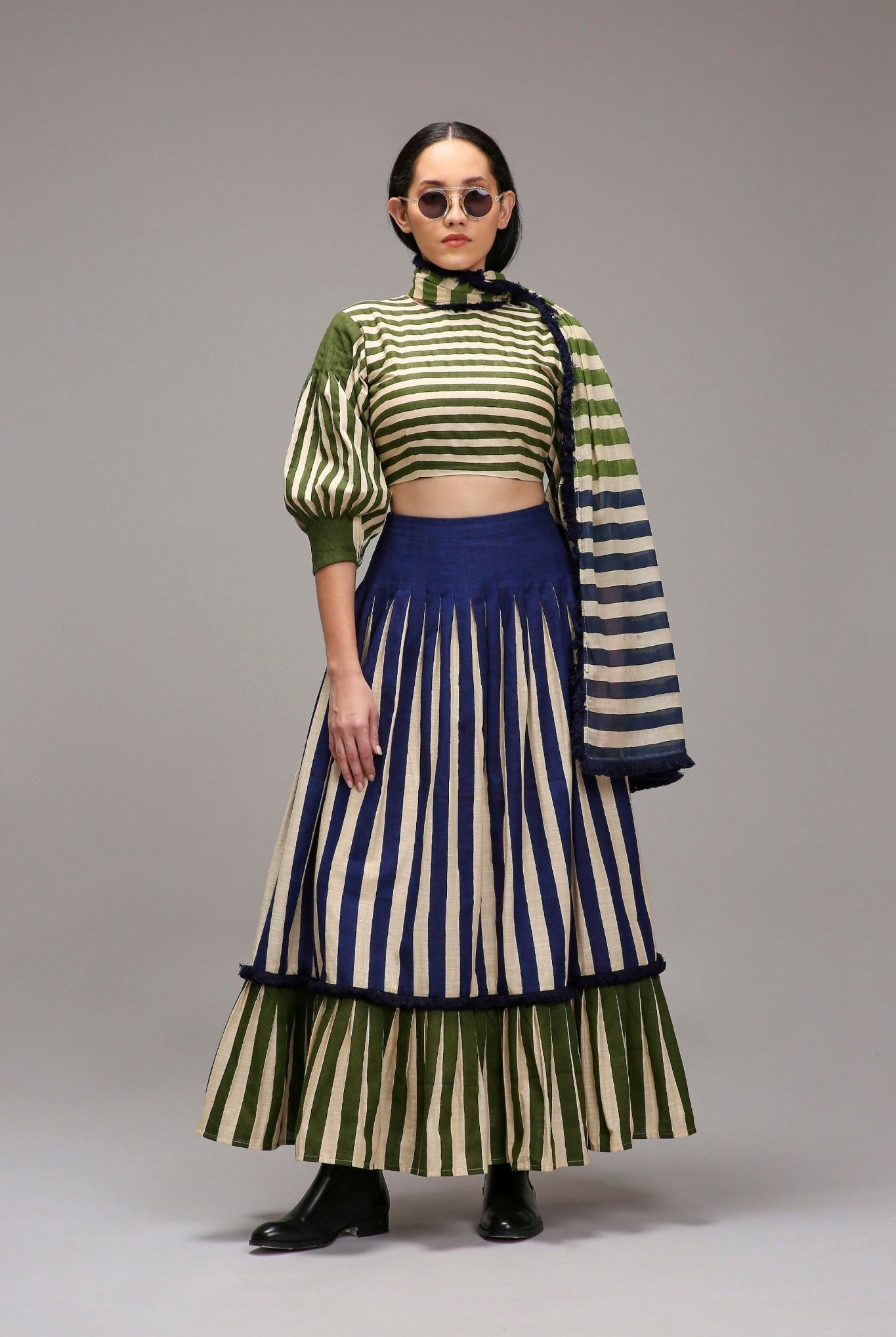 Egg-Shell Crop Top Dual Striped Stole Skirt Set (3 PCS) - CiceroniSkirt SetMATI