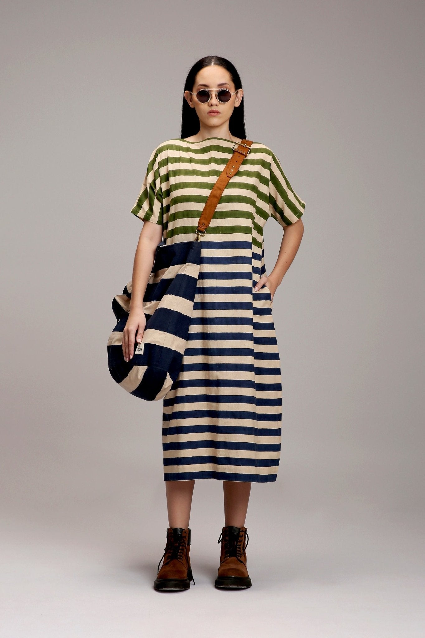 Egg-Shell Green & Blue Dual Striped Dress - CiceroniDressesMATI