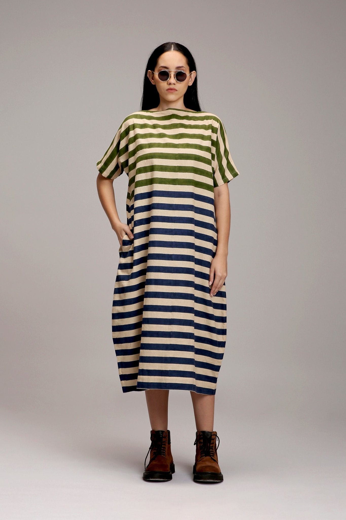 Egg-Shell Green & Blue Dual Striped Dress - CiceroniDressesMATI