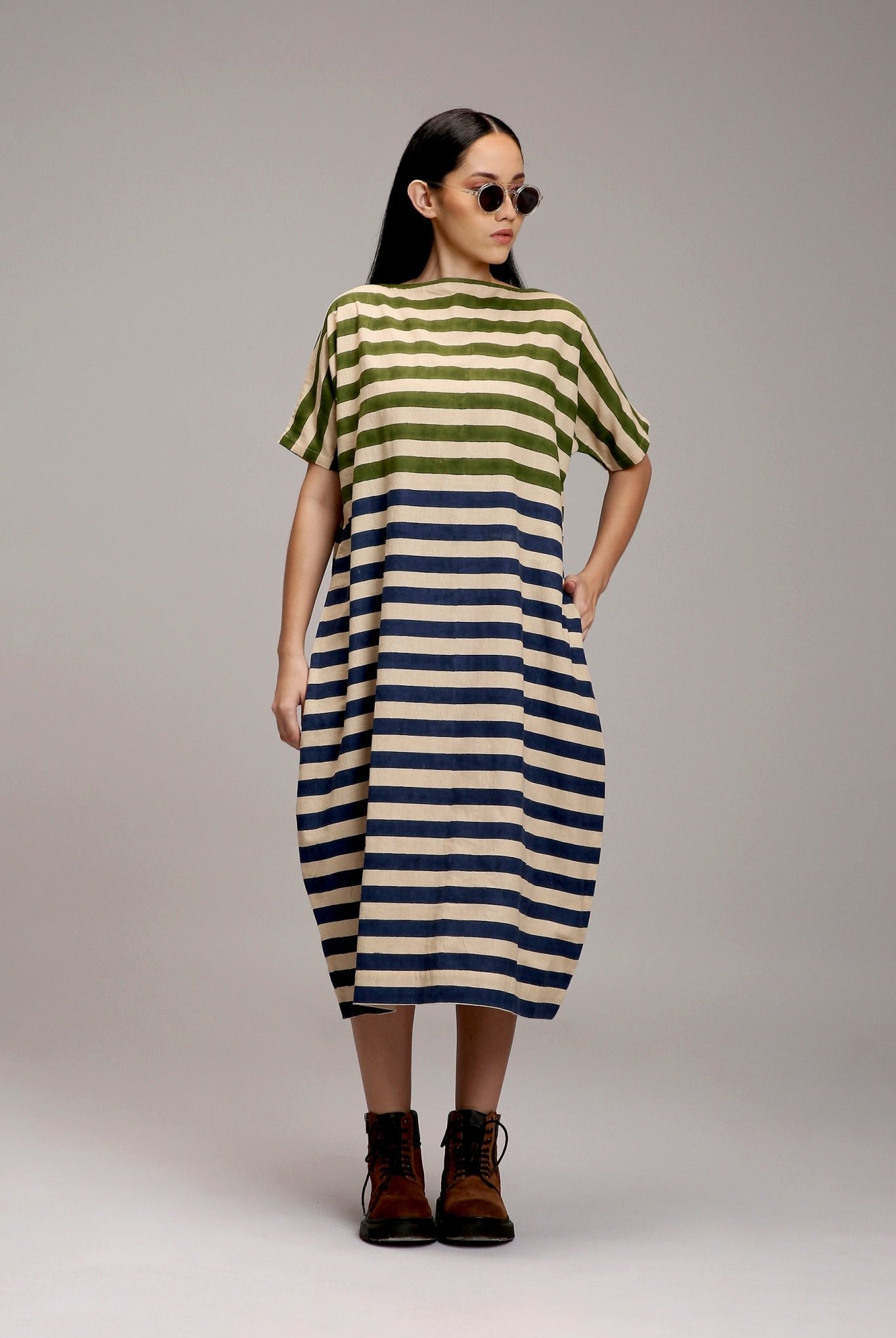 Egg-Shell Green & Blue Dual Striped Dress - CiceroniDressesMATI