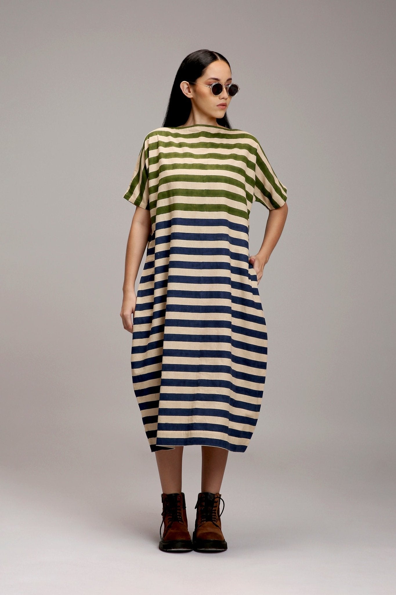 Egg-Shell Green & Blue Dual Striped Dress - CiceroniDressesMATI