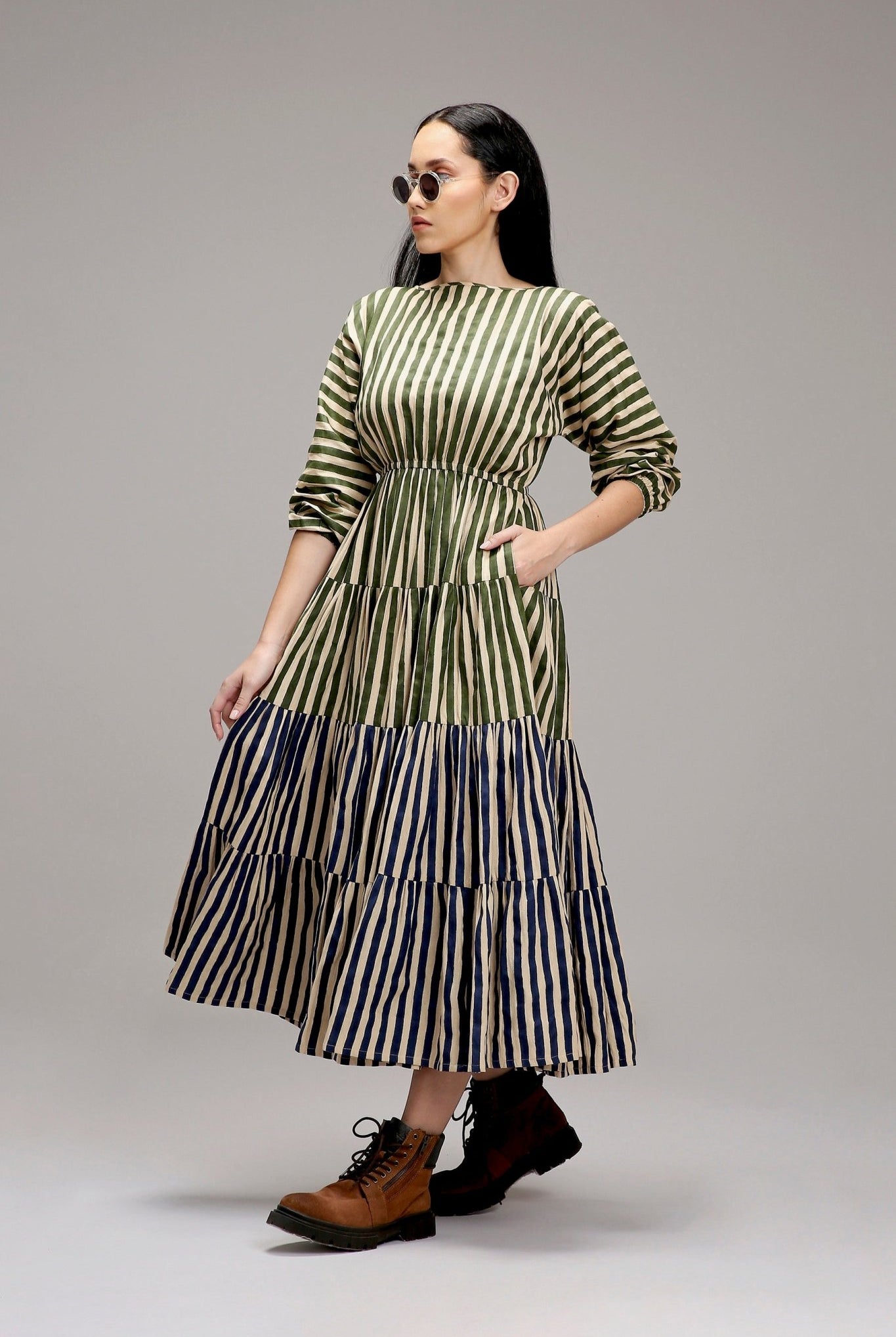 Egg-Shell Green & Blue Striped Tiered Dress - CiceroniDressesMATI