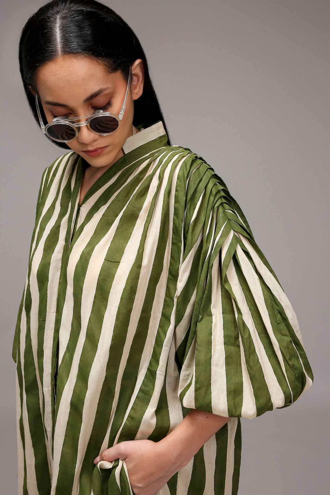 Egg-Shell Green Striped Baha Tunic Set (2 PCS) - CiceroniKurta Set, Everyday WearMATI
