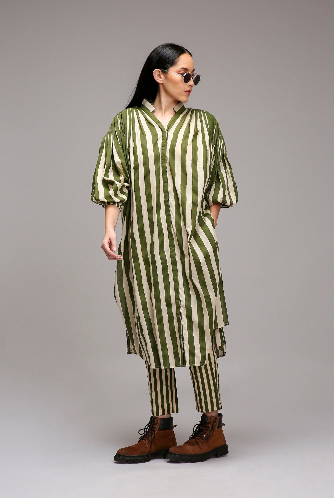 Egg-Shell Green Striped Baha Tunic - CiceroniKurta, Everyday WearMATI