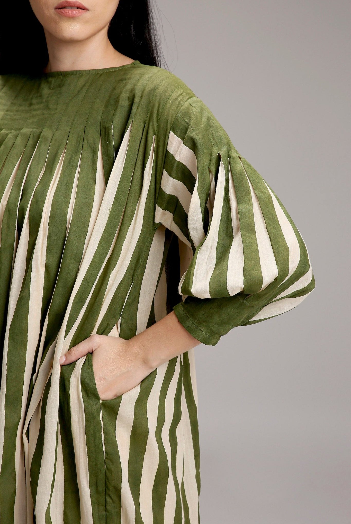 Egg-Shell Green Striped Balloon Dress - CiceroniDressesMATI