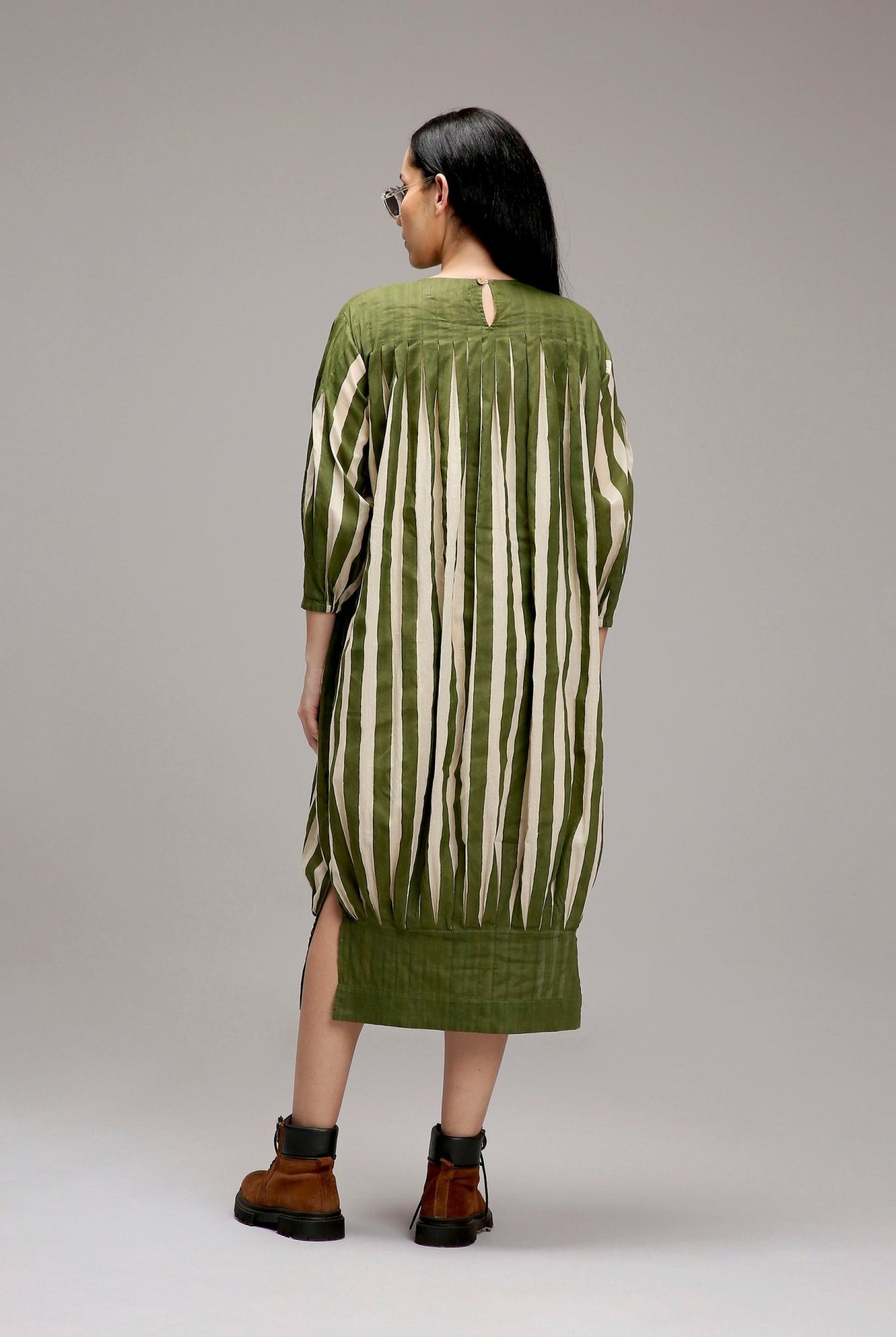 Egg-Shell Green Striped Balloon Dress - CiceroniDressesMATI