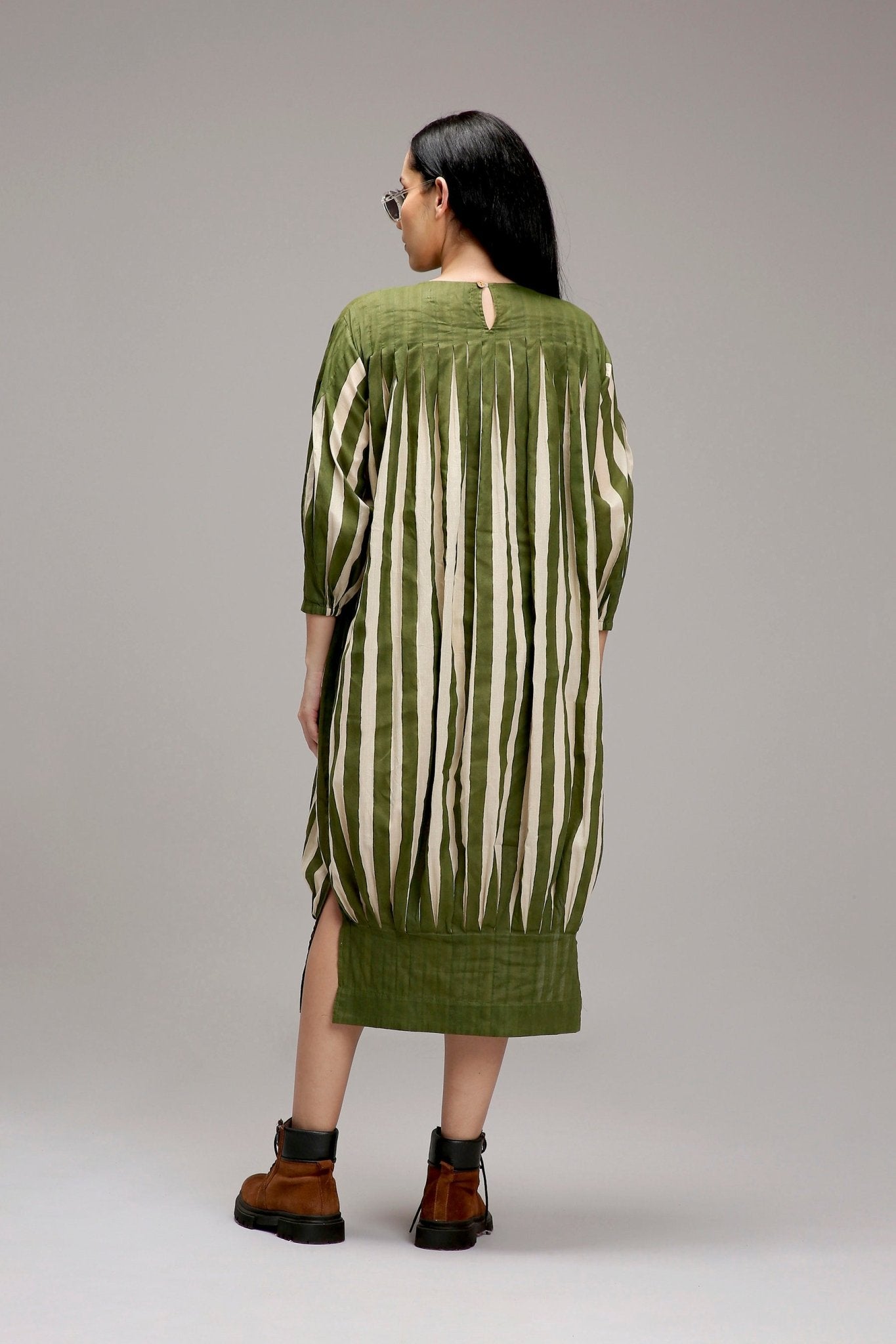 Egg-Shell Green Striped Balloon Dress - CiceroniDressesMATI