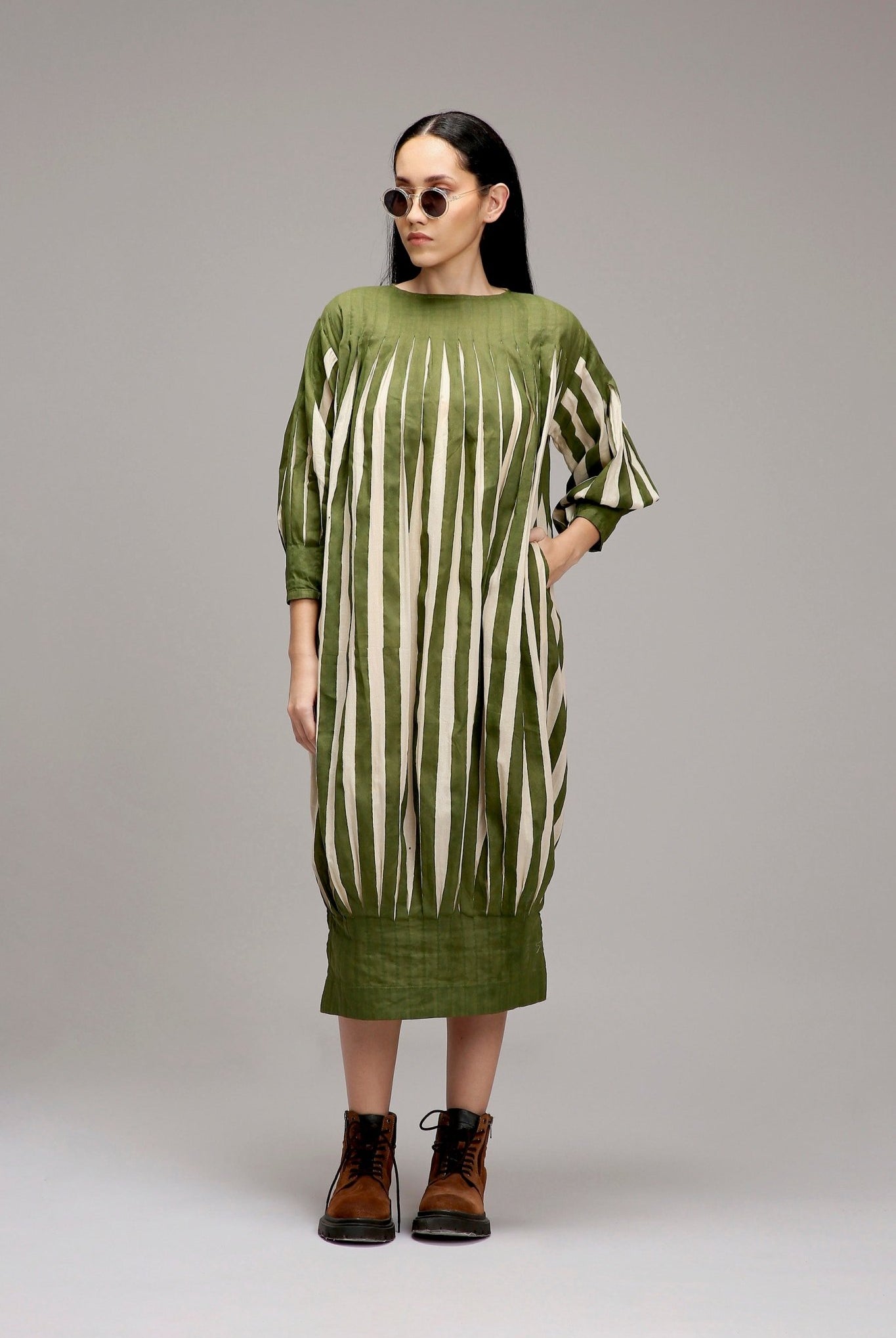 Egg-Shell Green Striped Balloon Dress - CiceroniDressesMATI