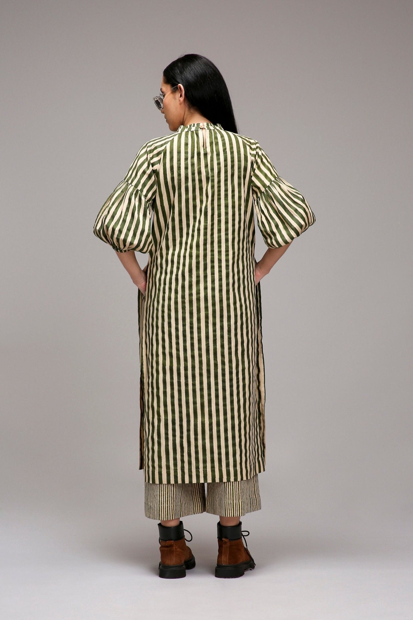 Egg-Shell Green Striped Big Joker Tunic Set (2 PCS) - CiceroniKurta Set, Everyday WearMATI