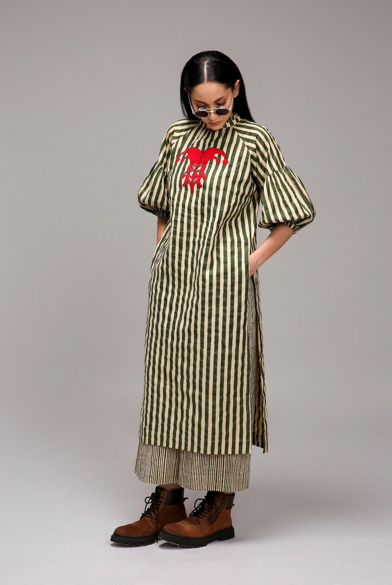 Egg-Shell Green Striped Big Joker Tunic - CiceroniKurta, Everyday WearMATI