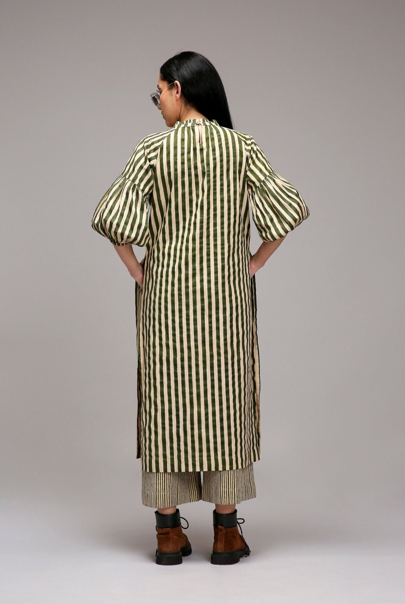 Egg-Shell Green Striped Big Joker Tunic - CiceroniKurta, Everyday WearMATI