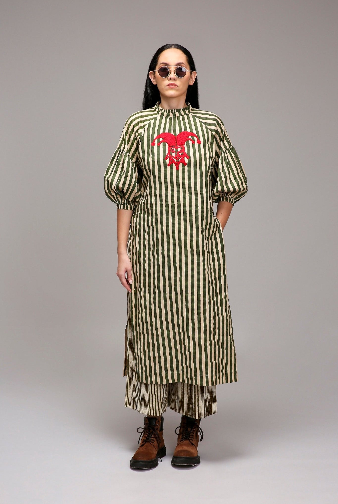 Egg-Shell Green Striped Big Joker Tunic - CiceroniKurta, Everyday WearMATI