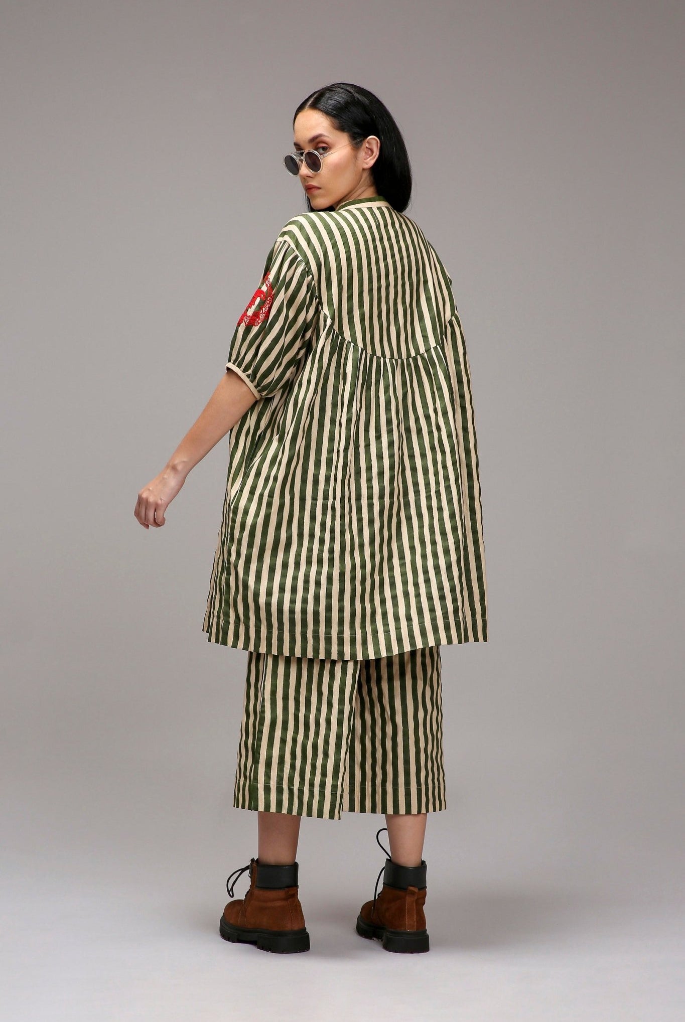 Egg-Shell Green Striped Short Acra Tunic Set (2 PCS) - CiceroniKurta Set, Everyday WearMATI