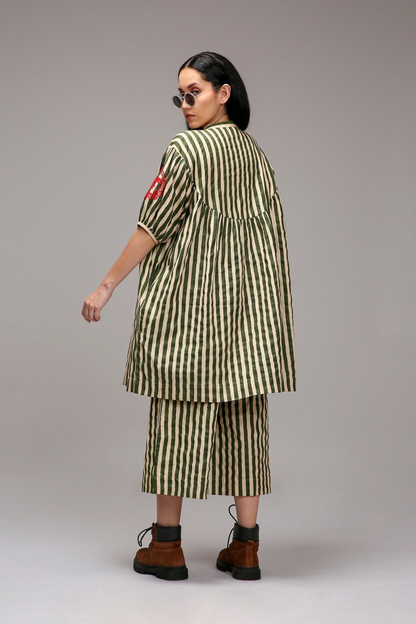 Egg-Shell Green Striped Short Acra Tunic Set (2 PCS) - CiceroniKurta Set, Everyday WearMATI