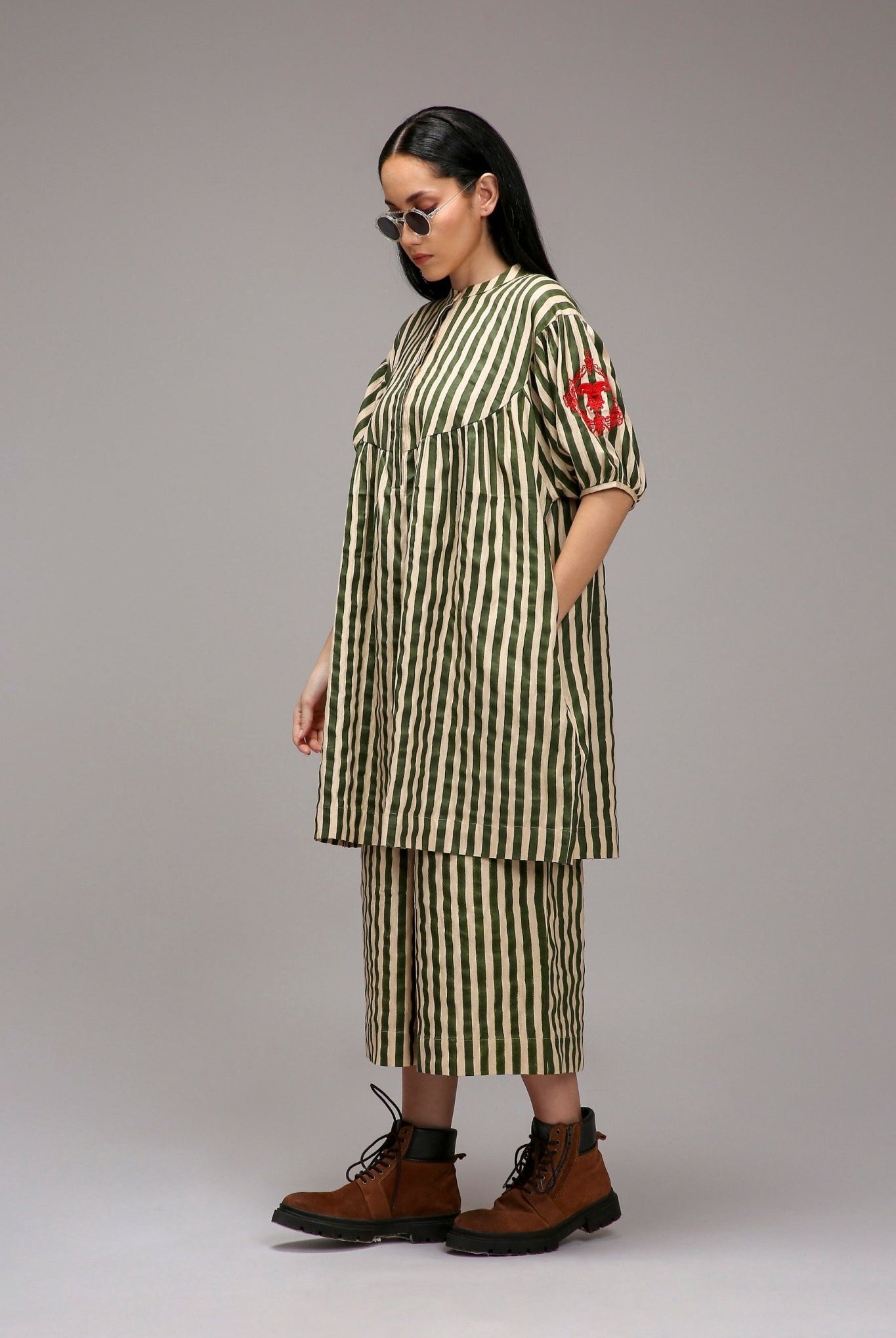Egg-Shell Green Striped Short Acra Tunic Set (2 PCS) - CiceroniKurta Set, Everyday WearMATI